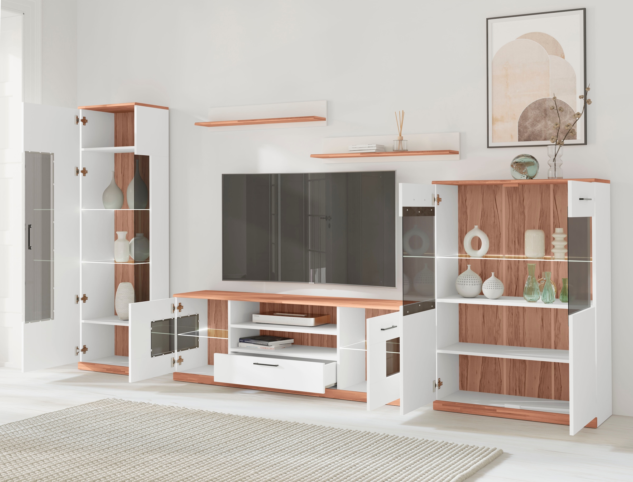 Home affaire Wohnwand »Ribe Wohnwand Set-5 St.« Set, 5 Stk. tlg. Glaseinsatz aus gehärtetem Glas,Böden teilweise versetzbar