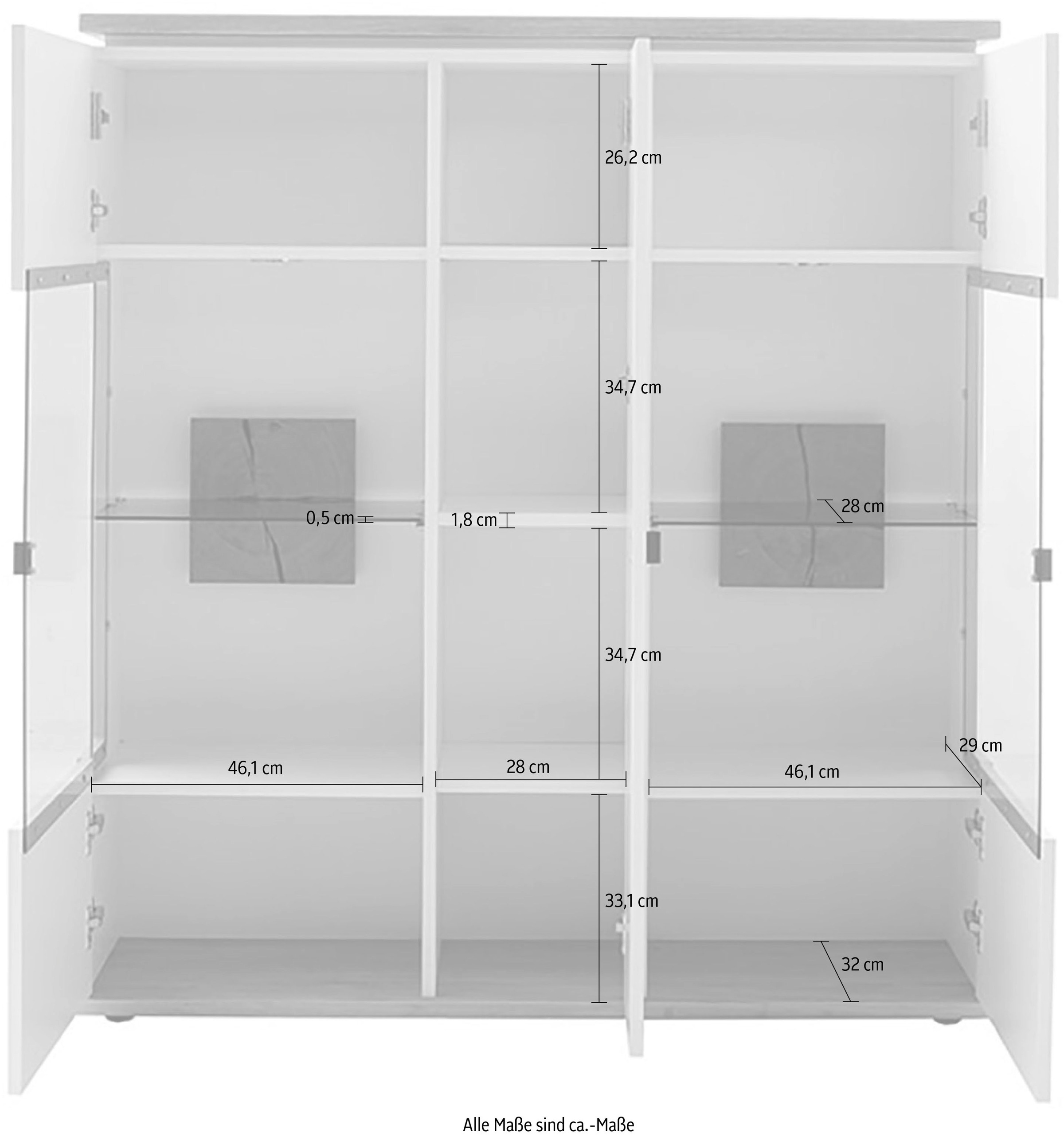 MCA furniture Highboard »Matadi Highboard« 1 Stk. tlg. Highboard, Weiß, Holzabsetzung, 3 Türen, gedämpft, B: 130cm