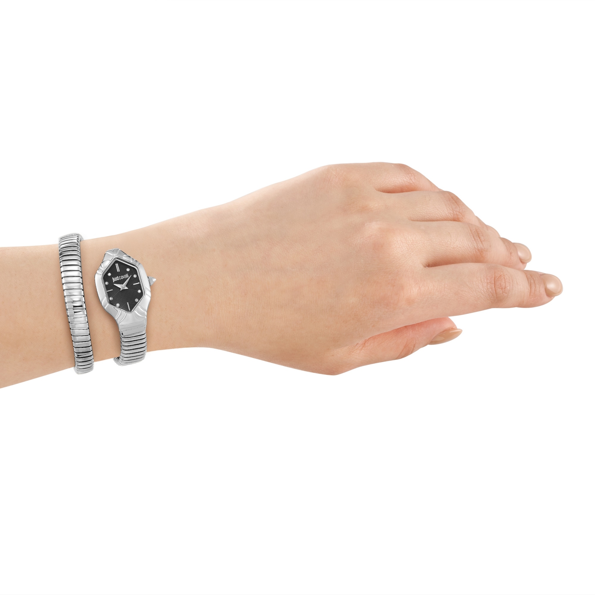 Just Cavalli Time Quarzuhr »Signature Snake« Armbanduhr, Edelstahlarmband, analog, Kristallsteine