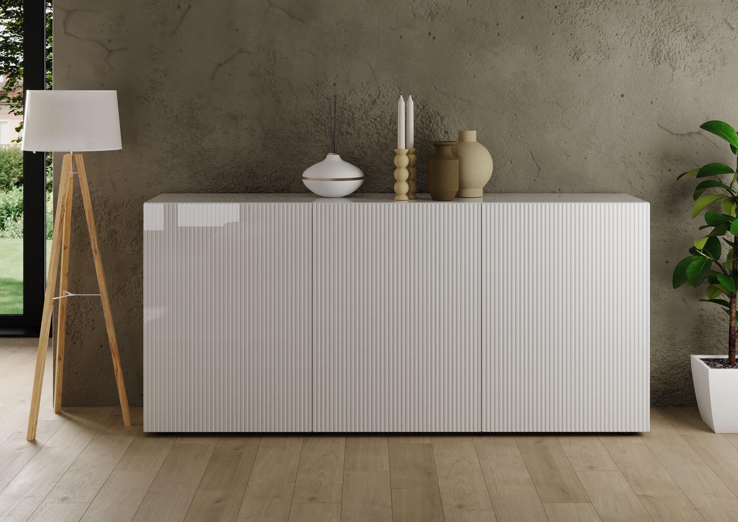 INOSIGN Sideboard »Rio Breite 181 cm, Kommode mit 3 Türen, Anrichte,«, geriffelte Front, modern u. elegant, viel Stauraum