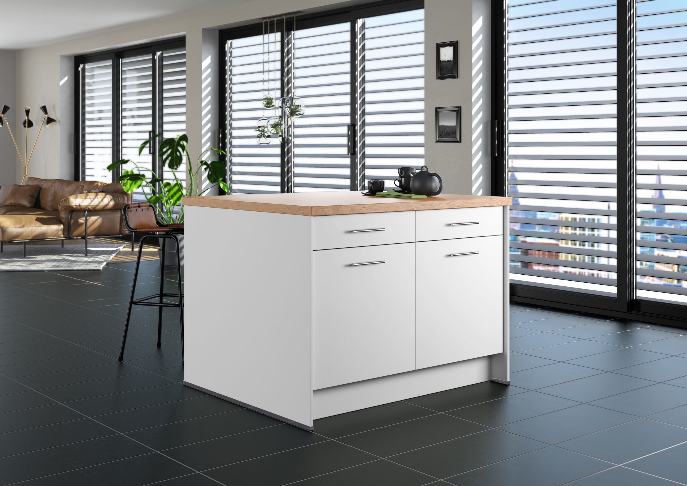 IMPULS KÜCHEN Kücheninsel »Kopenhagen, flexibel stellbar, Schubkästen mit Soft-Close« Set,  vormontiert, mit integriertem Sitzplatz auf einer Seite, Breite 123 cm