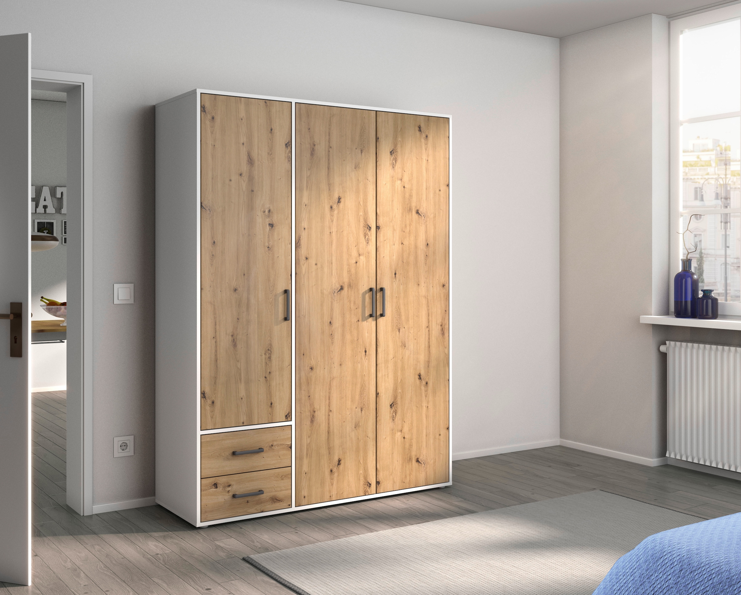 rauch Drehtürenschrank "Kleiderschrank Schrank Garderobe Wäscheschrank VOYAGER" in 3 verschiedenen Ausstattungen BASIC/CLASSIC/PREMIUM, mit 2 modernen Griffvarianten, mit Außenschubladen MADE IN GERMANY