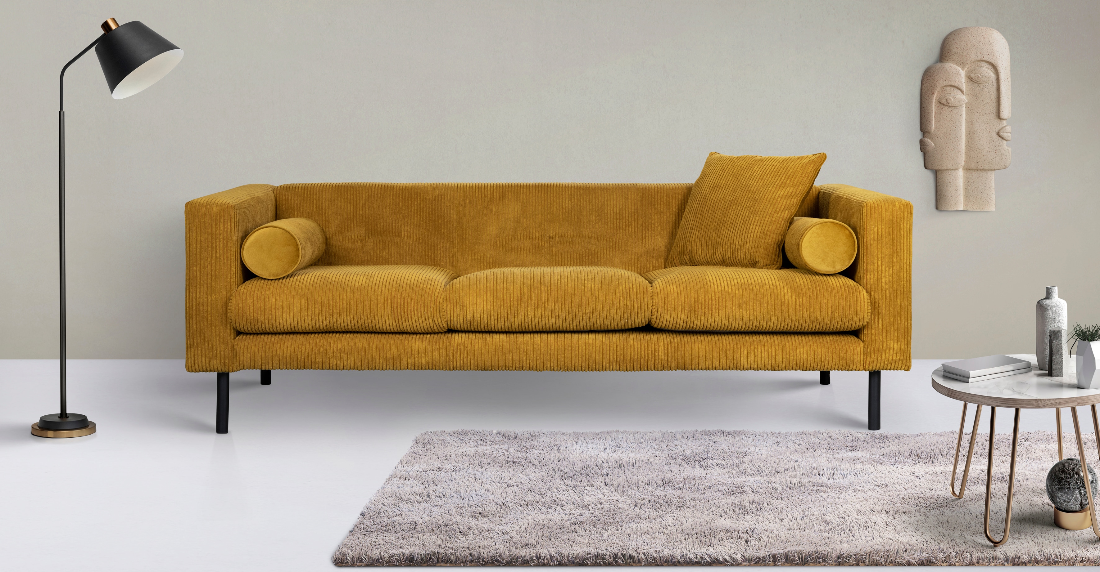 Home affaire 3-Sitzer "Lillibeth Designsofa mit Wellenunterfederung, Maße B/T/H: 218/74/83 cm" Zierkissen als Wendekissen, Bezug Samtoptik oder Cord