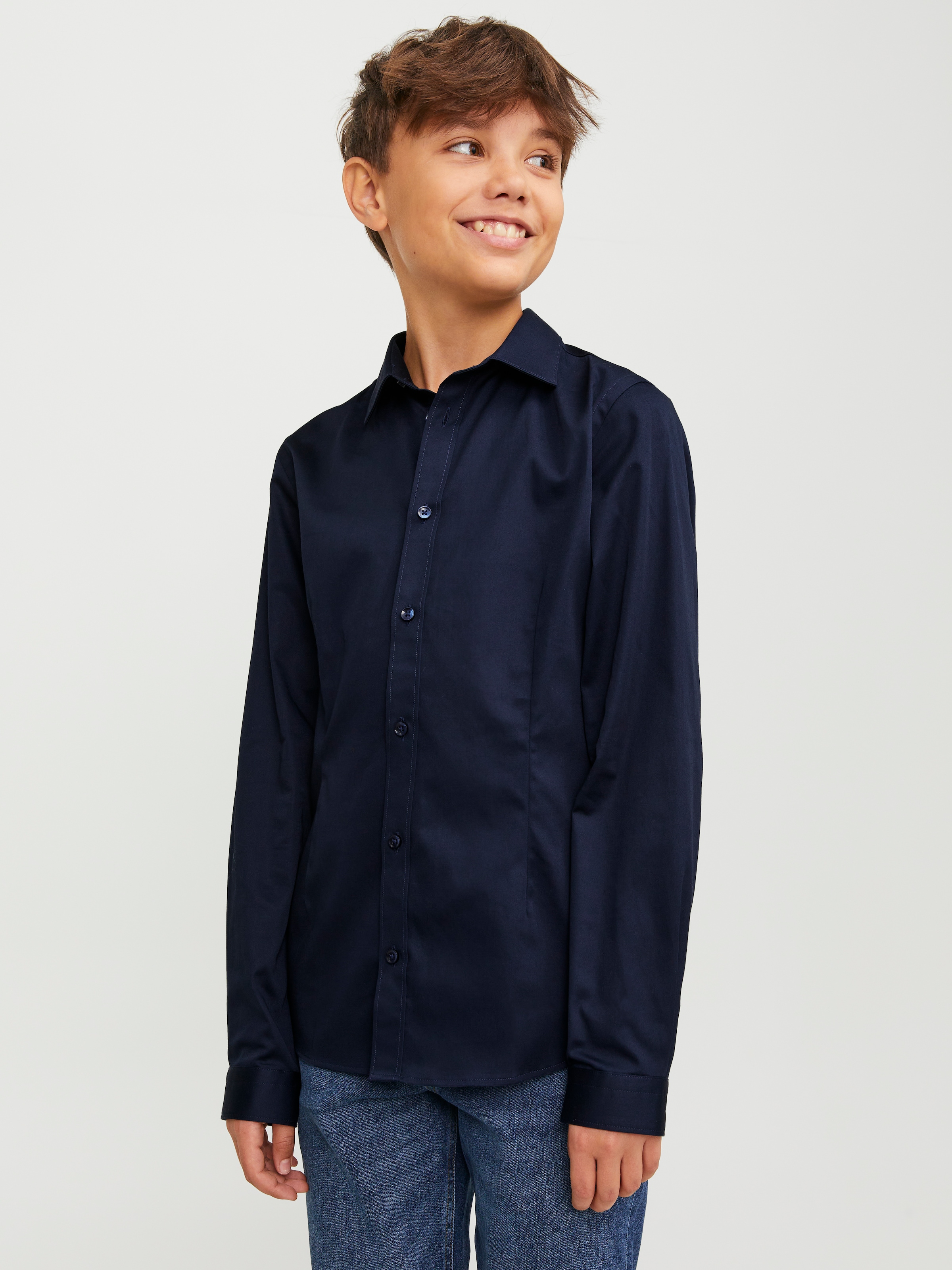 Kinder Langarmhemd "JPRPARMA cool, elastisch, kombinierbar", blau, Gr. 128, JACK & JONES JUNIOR, unifarben, Web, Obermaterial: 98% Baumwolle, 2%