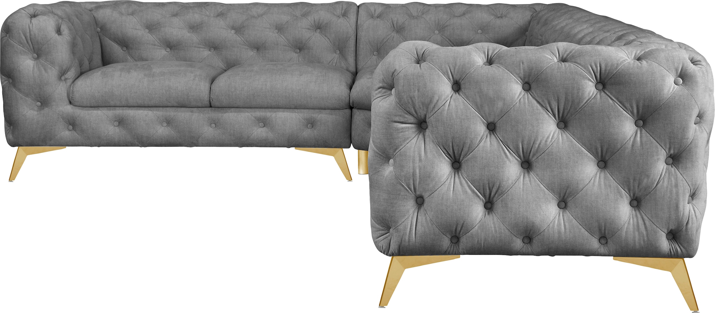 Leonique Chesterfield-Sofa »Ecksofa GLYNIS L-Form mit Wellenunterfederung, Maße B/T/H 323/264/75cm«, aufwändige Knopfheftung, moderne Chesterfield Optik, Fußfarbe wählbar