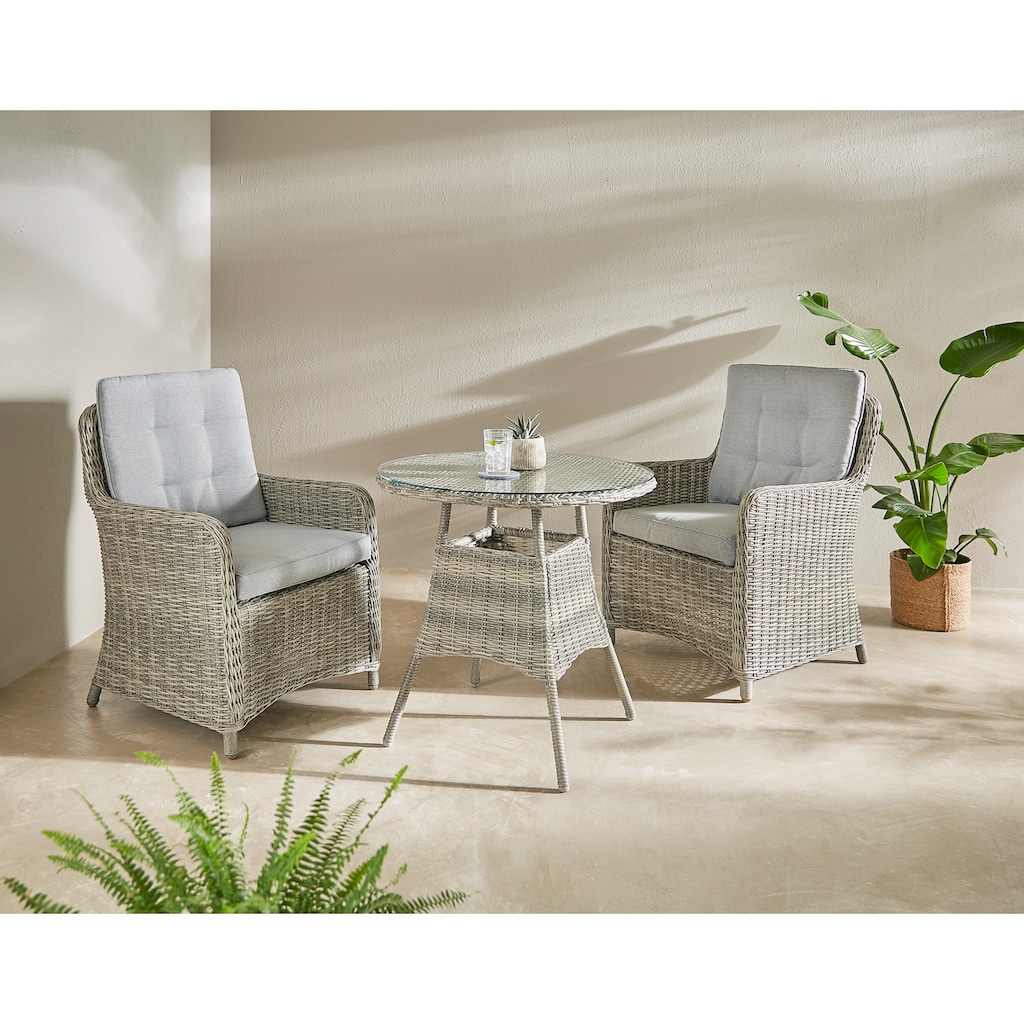 KONIFERA Garten-Essgruppe »Venedig«, (Set, 3 tlg., 2x Sessel, 1x Tisch Ø 70 cm, inkl. Auflagen, Polyrattan, Aluminium)