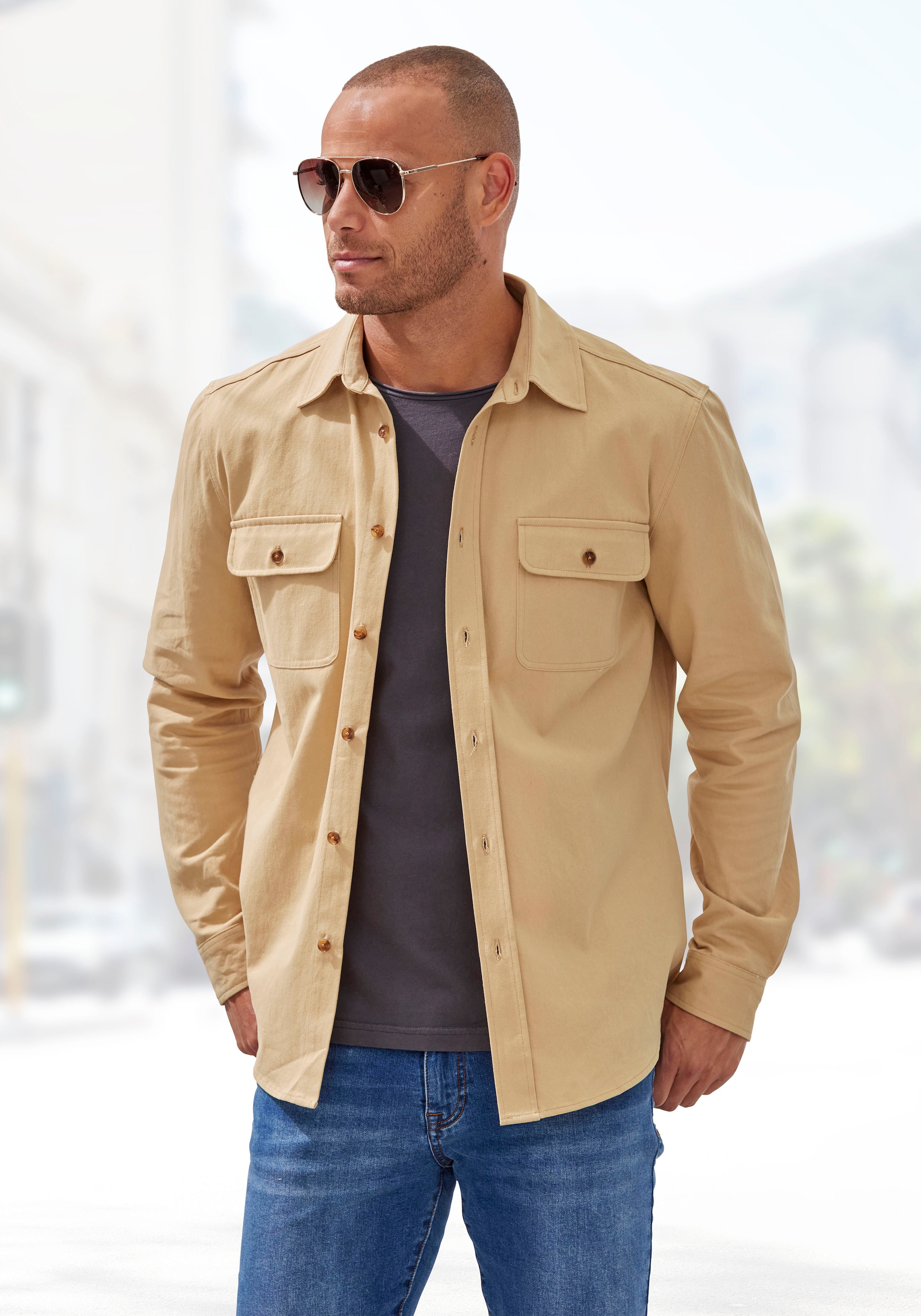 John Devin Langarmhemd », cooles Overshirt«, aus reiner Baumwolle, mit aufgesetzten Taschen