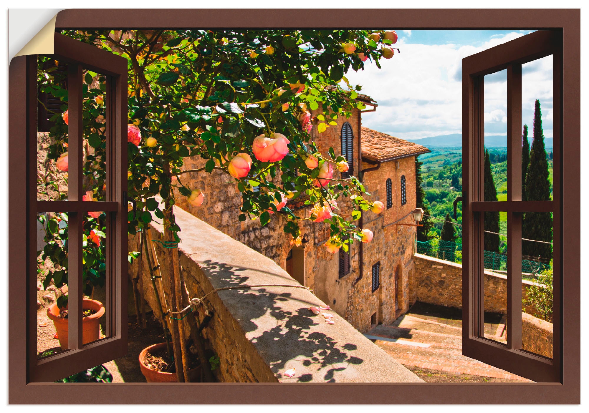 Artland Wandbild "Fensterblick Rosen auf Balkon Toskana", Garten, (1 St.), günstig online kaufen