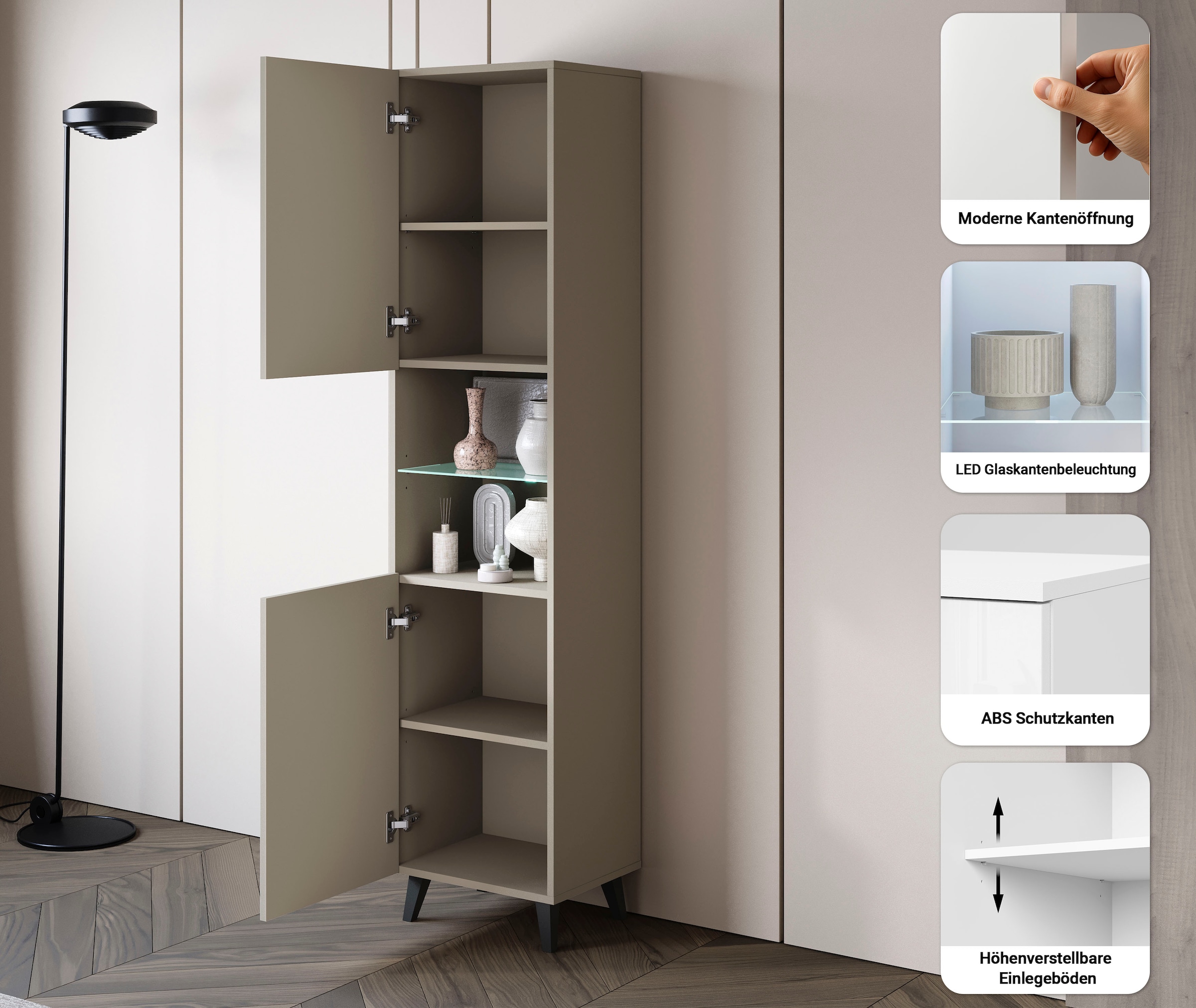 Home affaire Vitrine »Phuket, Moderner Wohnschrank mit LED-Beleuchtung und Glasboden« 1 Stk. tlg. Verstellbare Einlegeböden für flexible Aufbewahrung