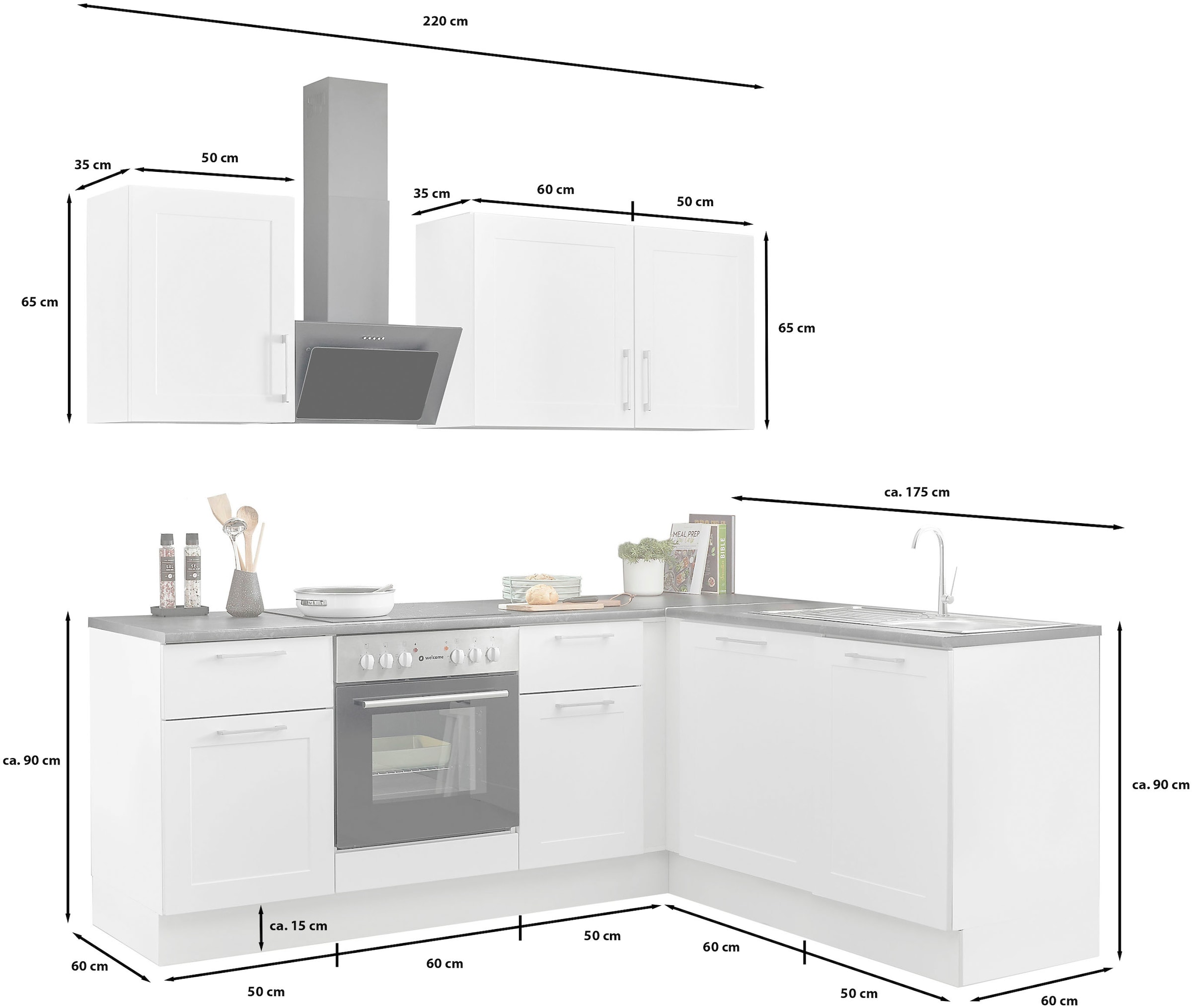 BASIC by Balculina Winkelküche »Marsi«, Stellmaße 220x175 cm, wahlweise mit E-Geräten, Soft-Close-Funktion