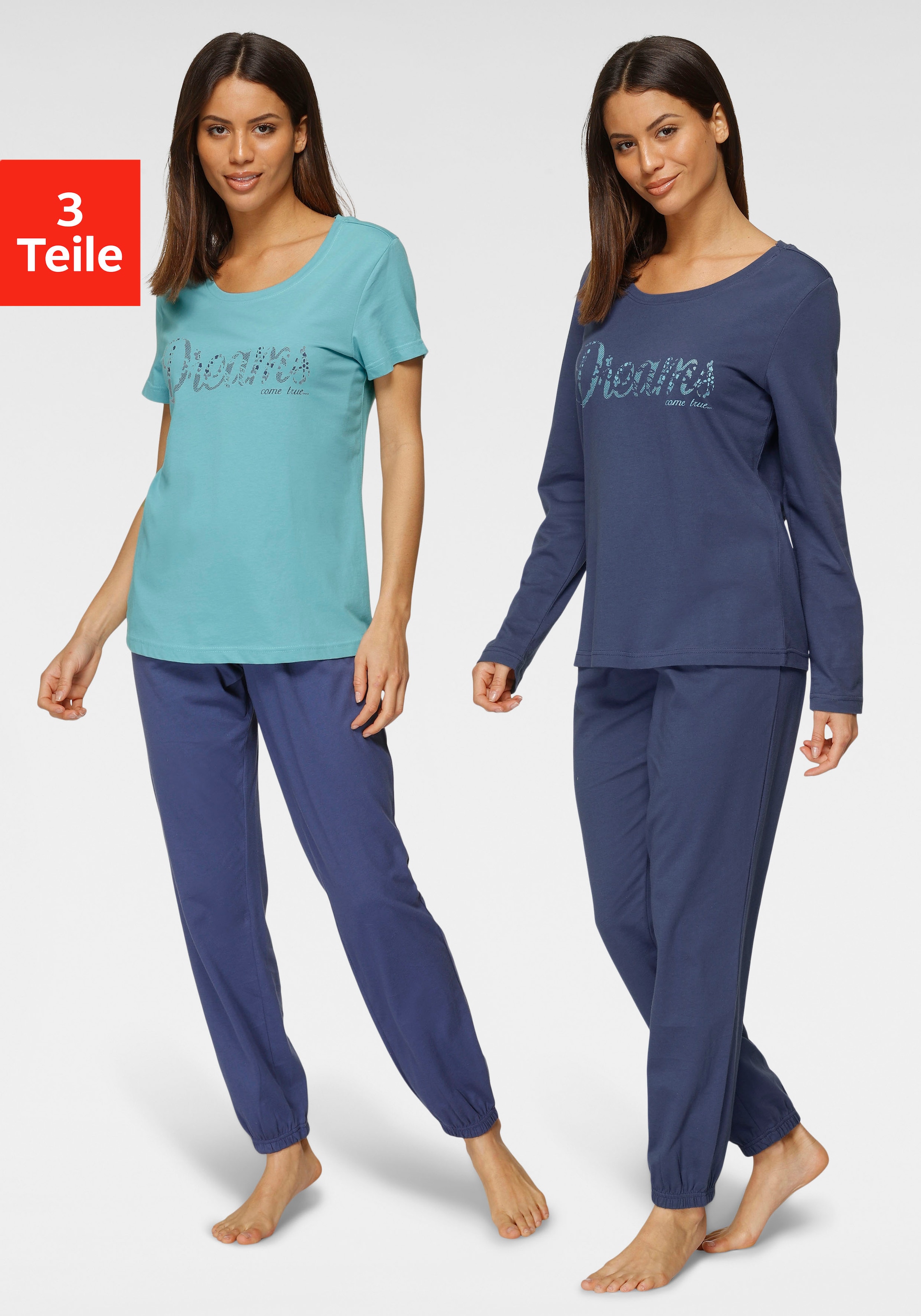 Vivance Dreams Pyjama, (Set, 3 tlg.), mit Frontschriftzug