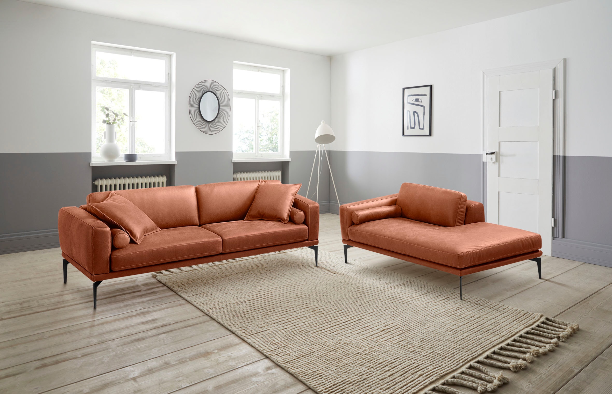 Egoitaliano Polstergarnitur "Masu, Design trifft sensationellen Sitzkomfort" Set besteht aus 2,5-Sitzer, freistehende Ottomane und 3 Rollkissen