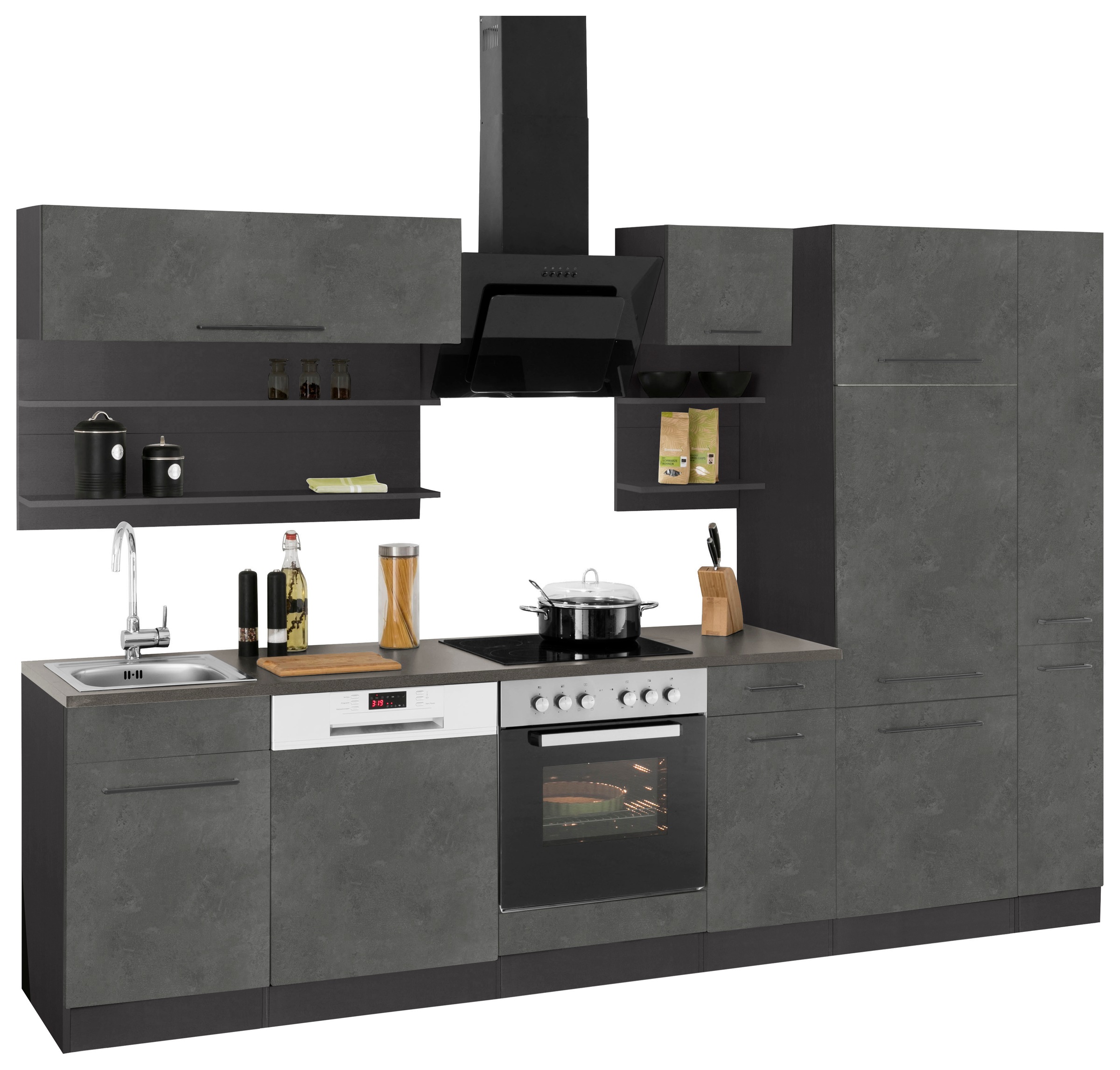 KOCHSTATION Küchenzeile »KS-Tulsa«, mit E-Geräten, Breite 300 cm, schwarze Metallgriffe, MDF Fronten