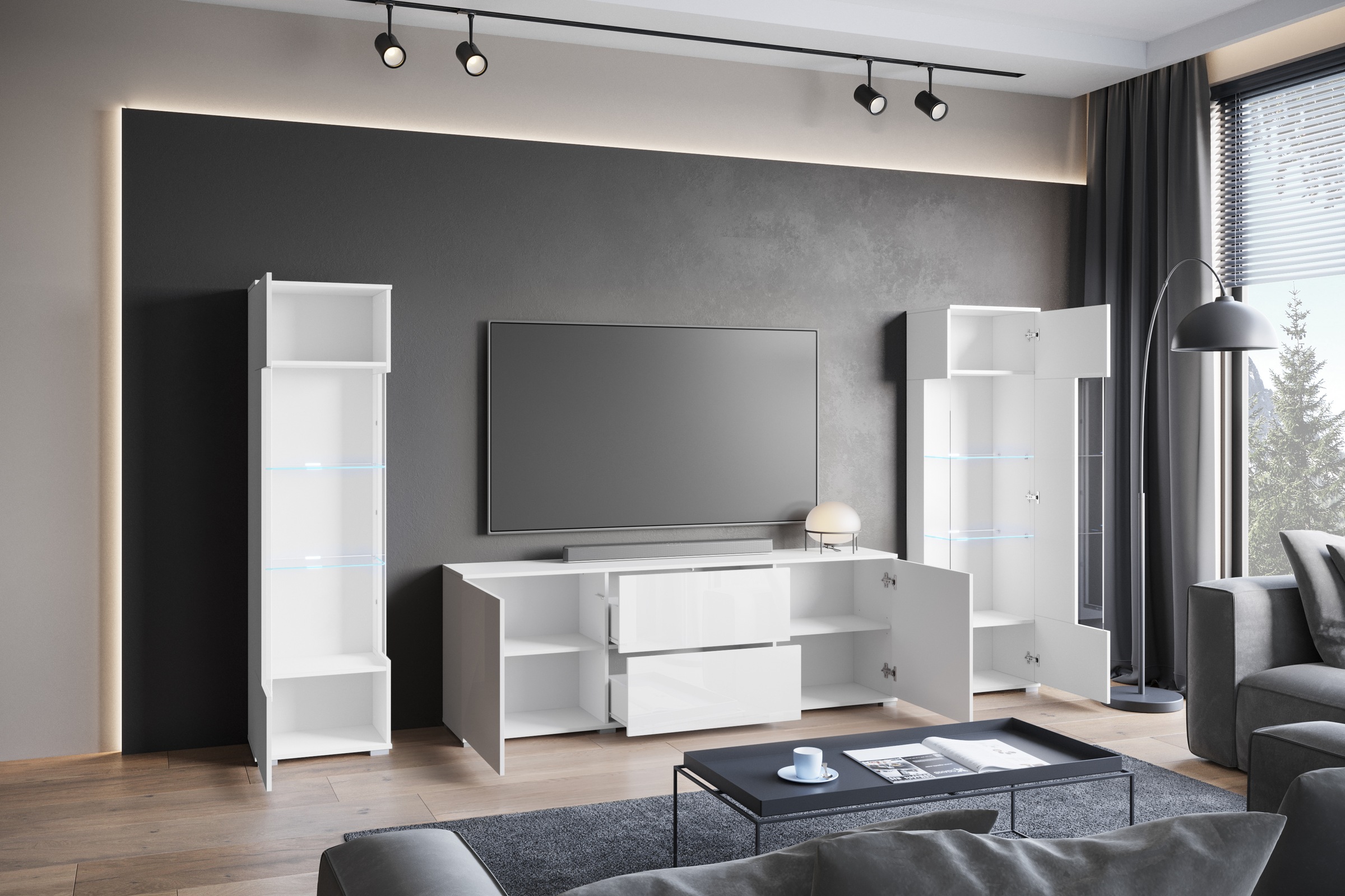 INOSIGN Wohnwand »KENIA«, (Komplett-Set, 3 St.), Vitrinen mit Eckverglasung, hängend und stehend montierbar