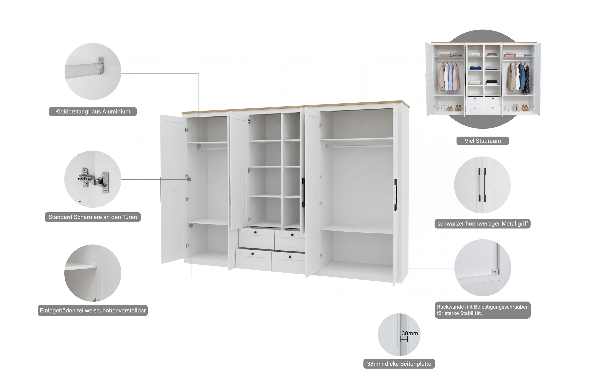 OTTO home Kleiderschrank »Büsum Schlafzimmer Schrank mit 6 Türen und Spiegel« Schlafzimmerschrank Landhaus Design Garderobe Schrank Bestseller