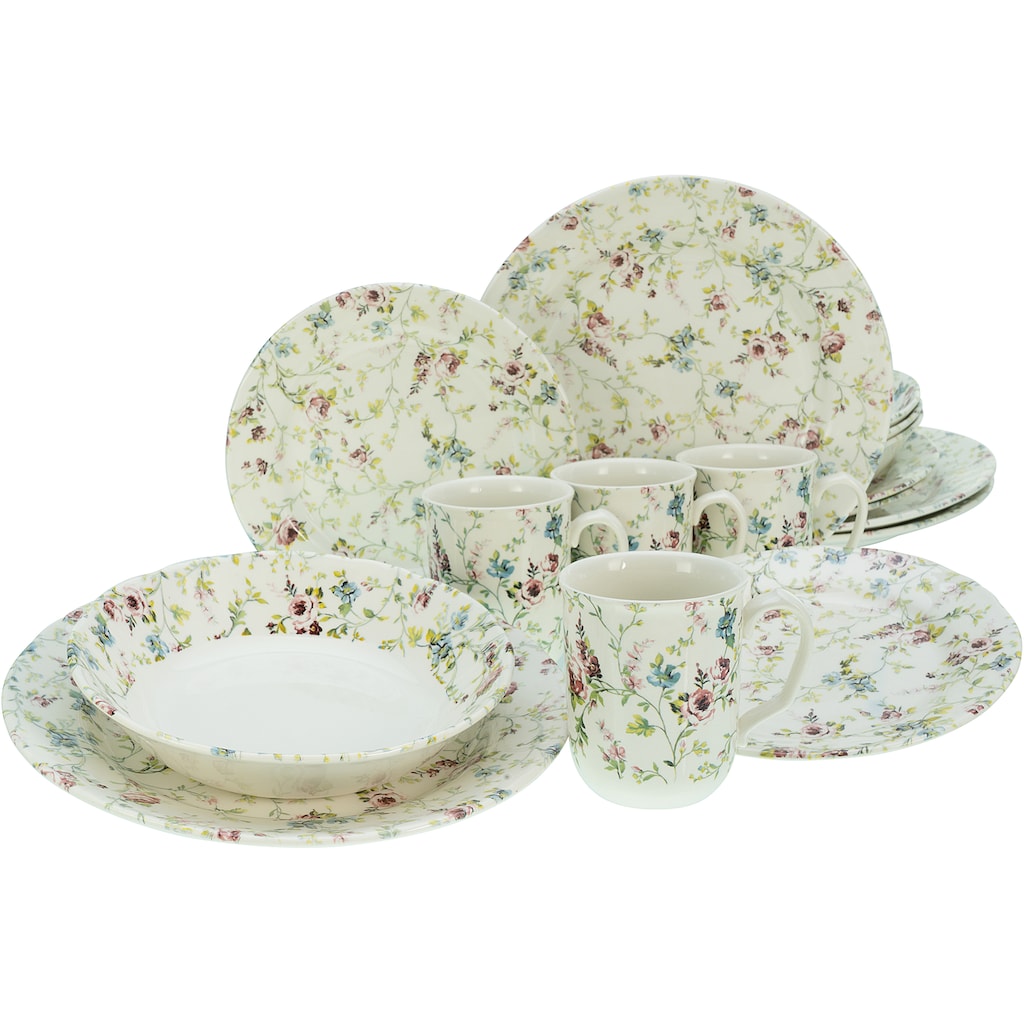 CreaTable Kombiservice »Geschirr-Set Rose Garden«, (Set, 16 tlg., Kaffeeservice und Tafelservice im Set, für 4 Personen)