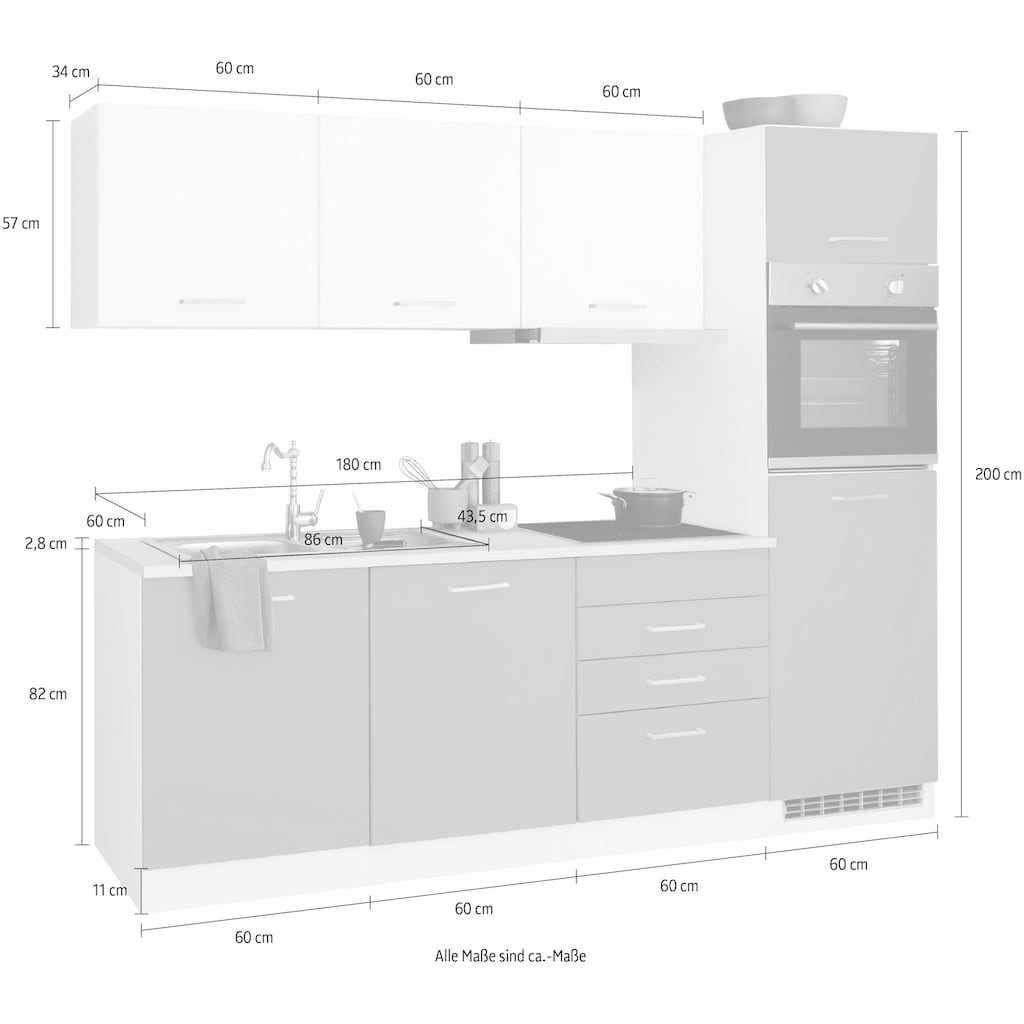 HELD MÖBEL Küchenzeile »Visby«, mit E-Geräten, Breite 240 cm inkl. Kühlschrank