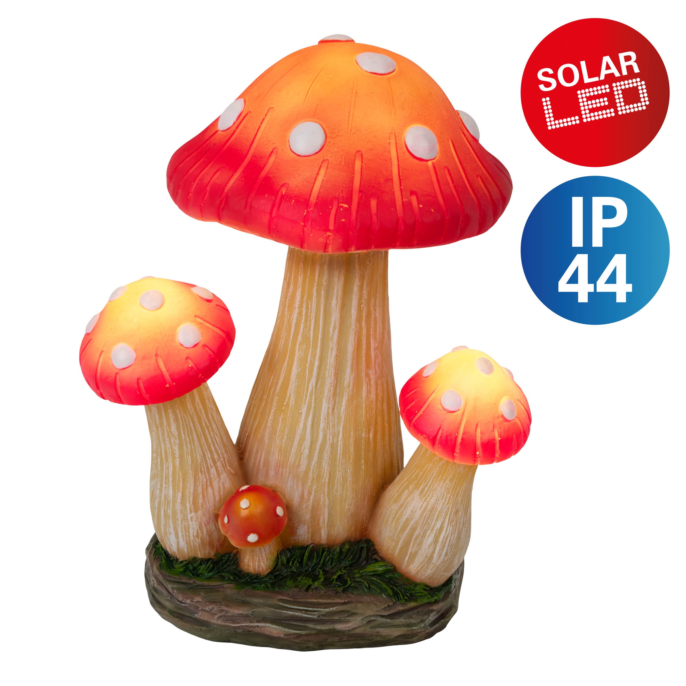 näve LED Solarleuchte "Fungo" LED-Modul 1 Stk. Warmweiß Pilzfigur weiß/rot mit 4 unterschiedlich großen Pilzen, Druckschalter