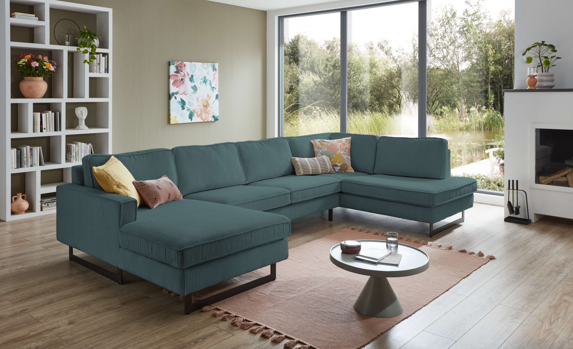 OTTO home Wohnlandschaft "Pinto, 350 cm, U-Form, XXL, mit Ottomanen" Cord, Chenille, Lederoptik, mit Keder, Metallfüße, Wellenunterfederung