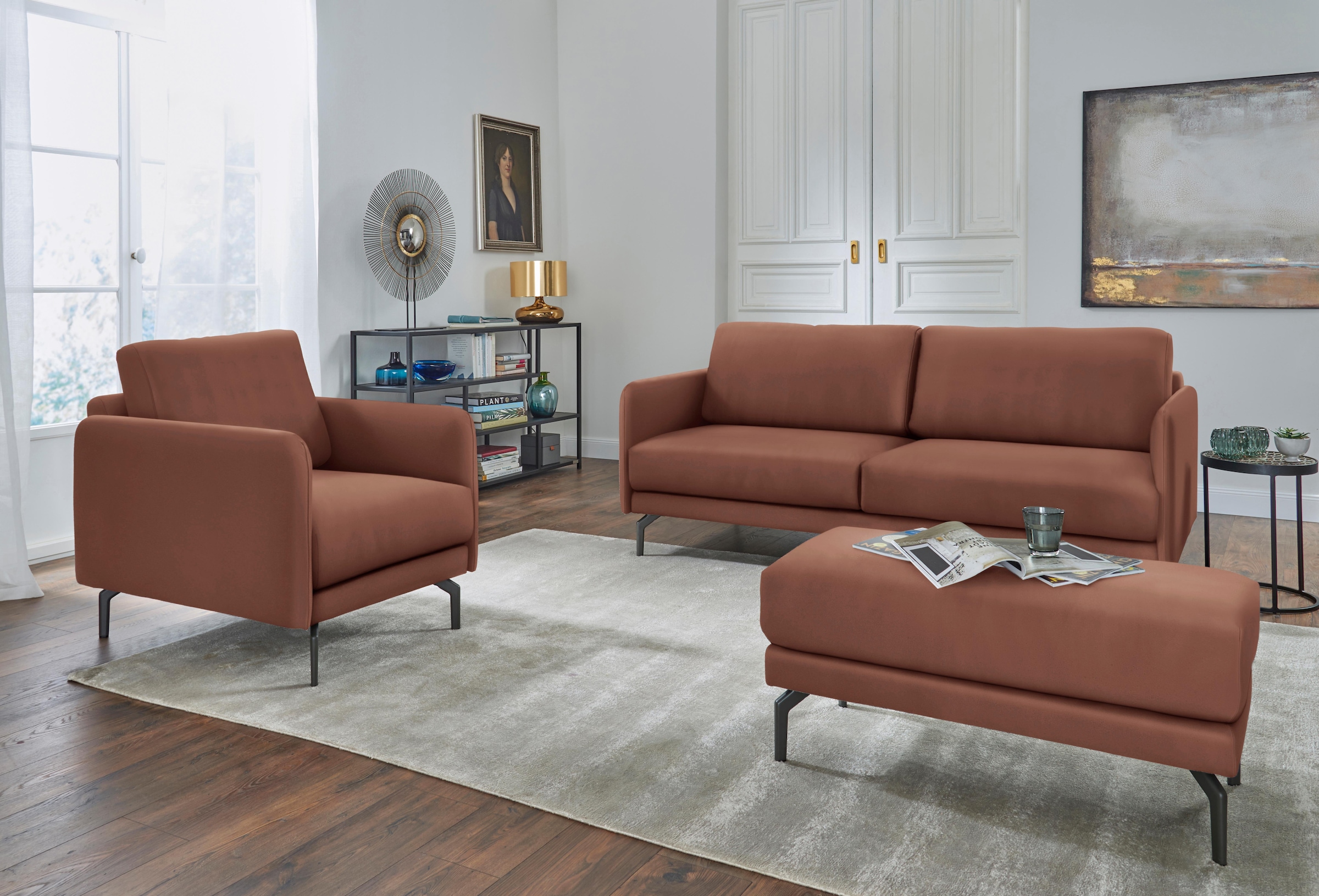 Creation BY ROLF BENZ 3-Sitzer »CR.450, Designsofa, edles Sofa, Loungesofa, Ledersofa, klares Design«, Armlehne sehr schmal, Breite 190 cm, Alugussfuß Umbragrau