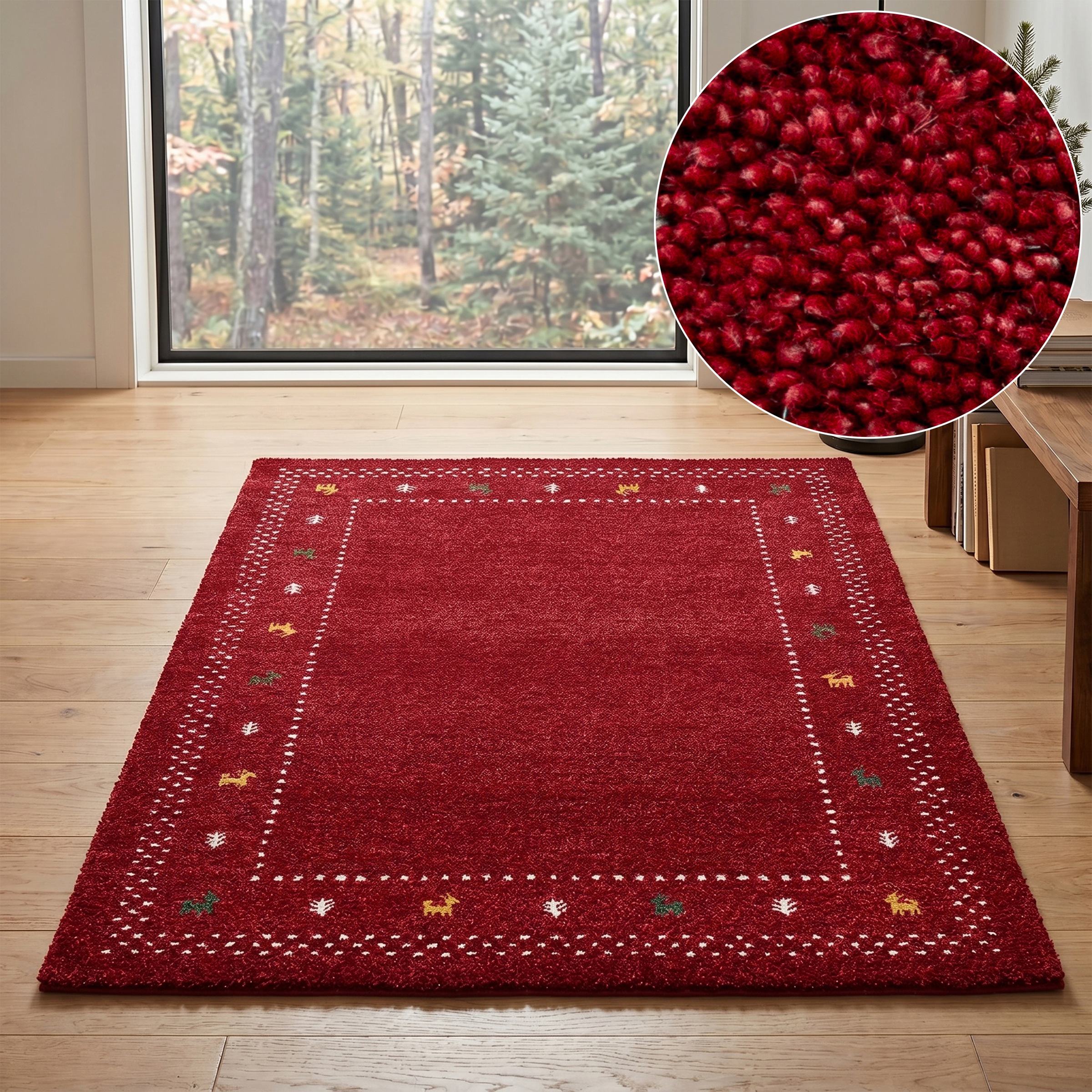 THEKO Wollteppich "Gabbeh Bordüre, Handgefertigt, Teppich, Tiermotiv, reine Wolle" rechteckig 14 mm Höhe Wohnzimmer, Schlafzimmer, Esszimmer