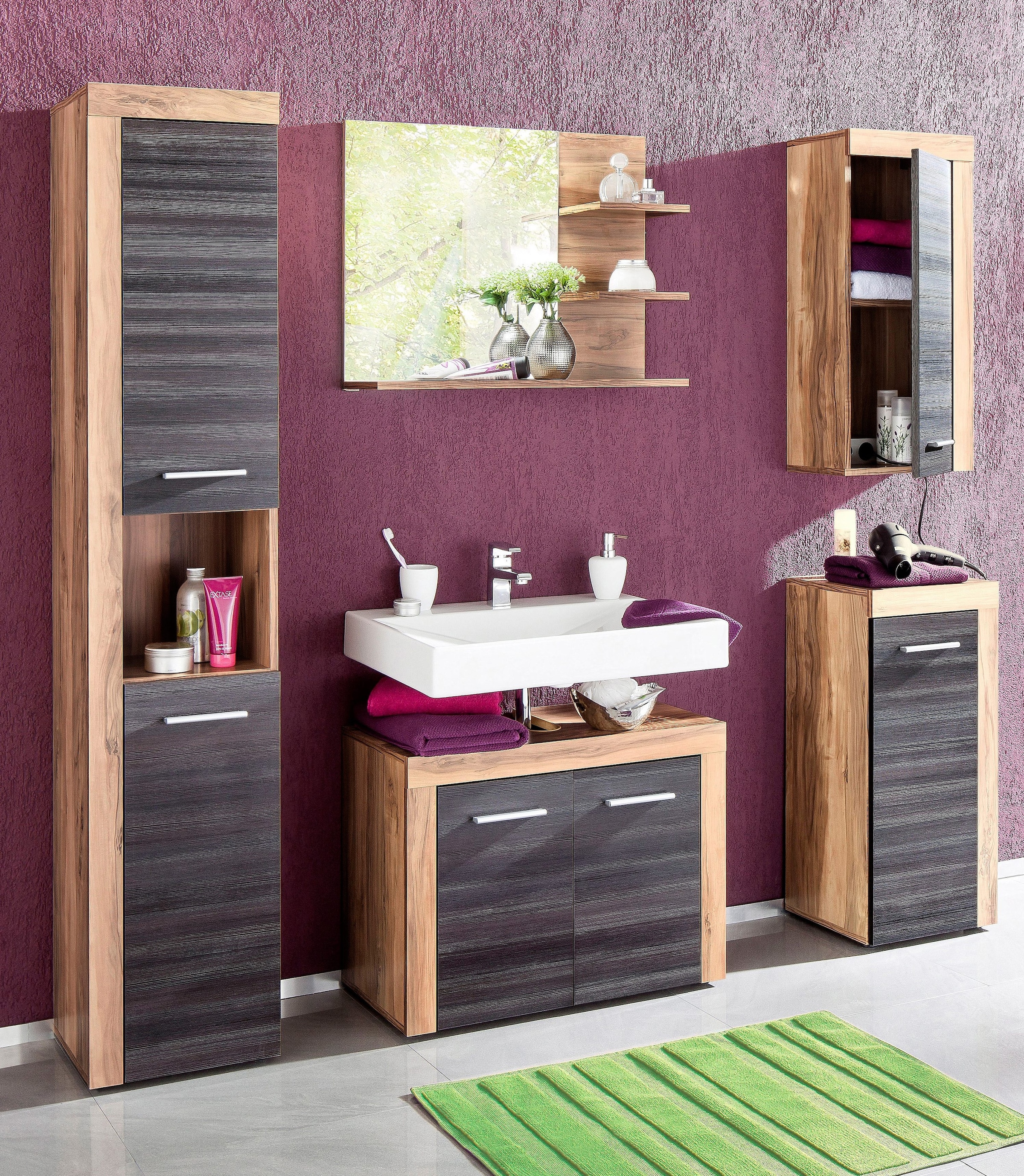 welltime Badspiegel »Carcassonne«, mit Rahmenoptik in Holztönen und 3 Ablagen