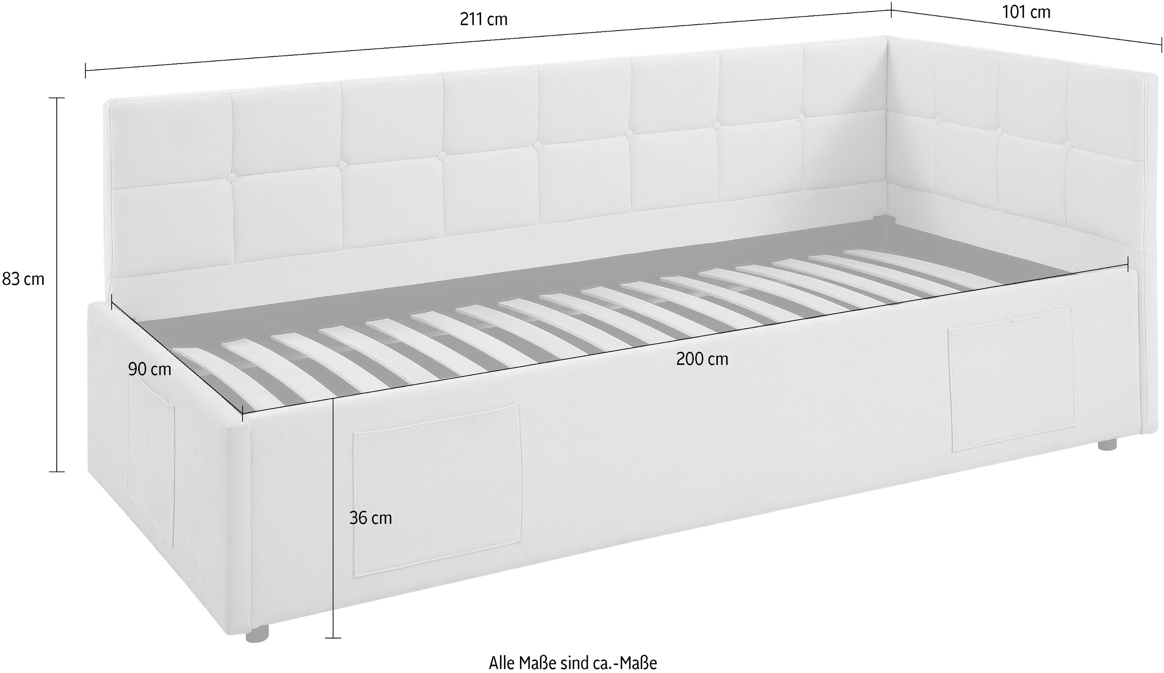 OTTO home Daybett »MALIKA, Schlafsofa mit Stauraum und Lattenrost« Kopfteil links/rechts montierbar, mit 3 Fächern
