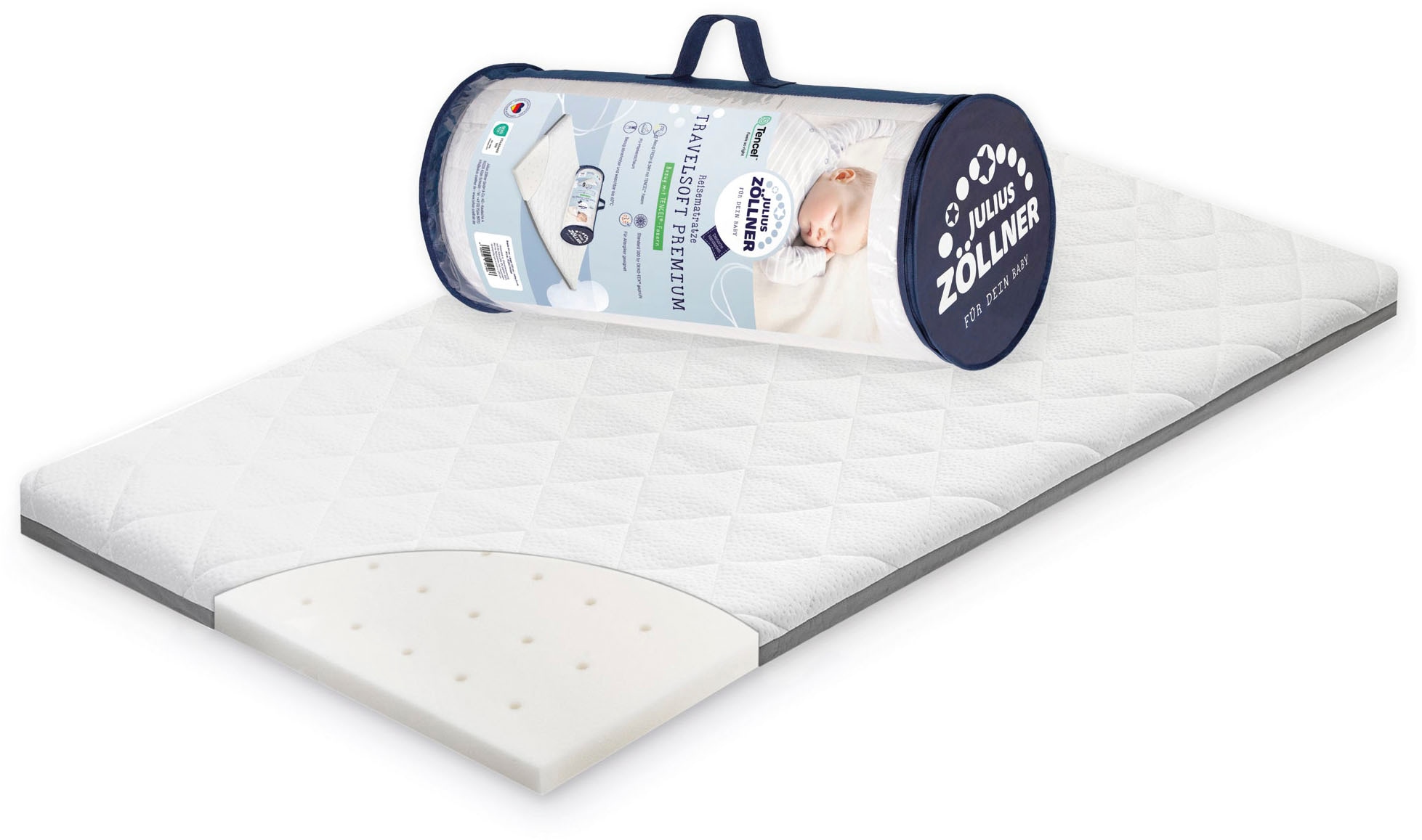 Julius Zöllner Kindermatratze "Travelsoft Premium, Matratze 120x60 cm Ideal für Reisen" 5 cm hoch 1 Stk. tlg. Rollbare Matratze für Reisebetten – inklusive praktischer Tragetasche.