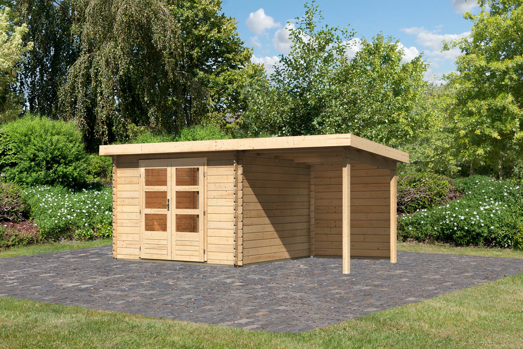 Karibu Gartenhaus "Schloßsee 5" mit Anbaudach und Rückwand günstig online kaufen