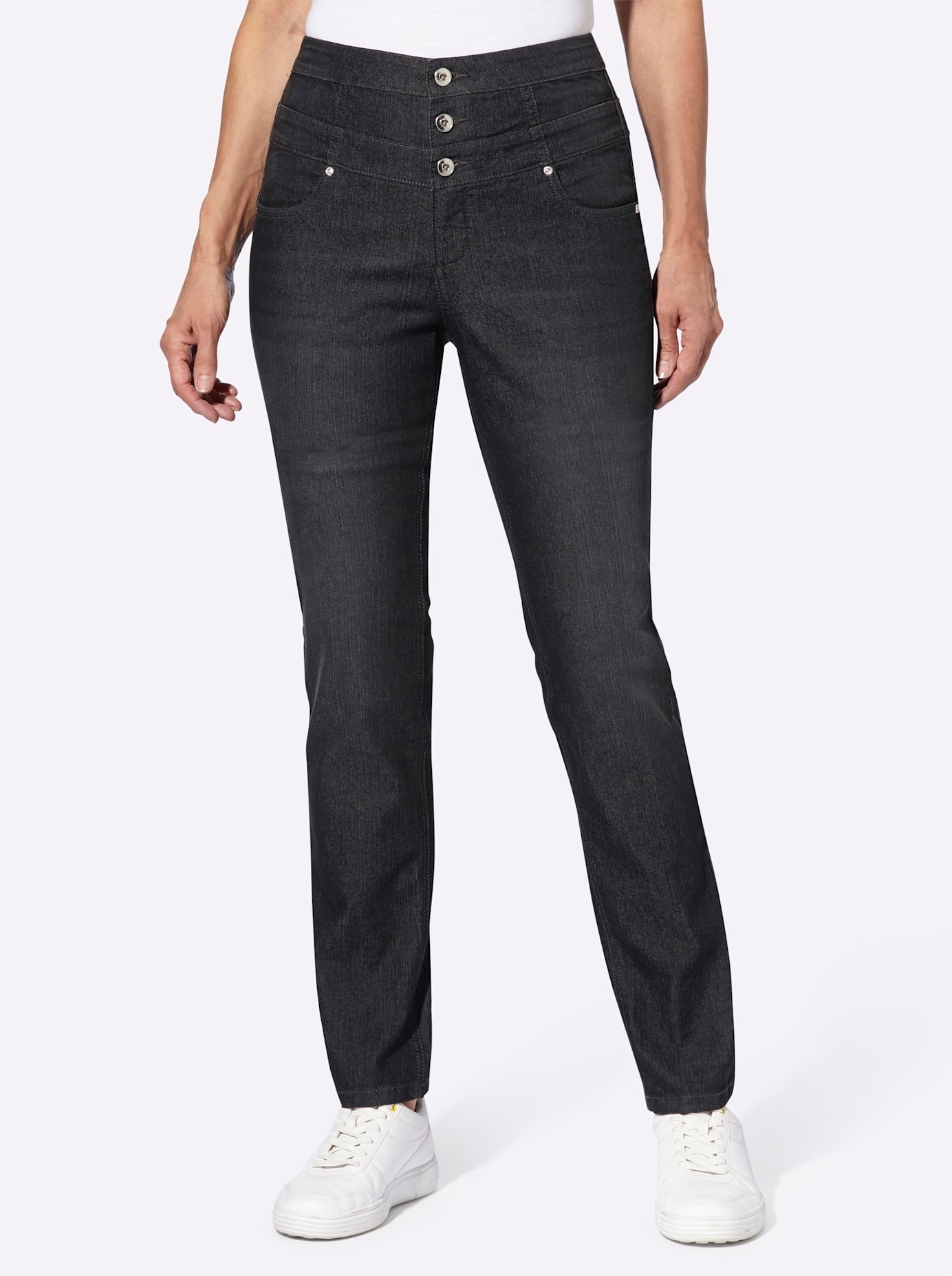 Bequeme Jeans CLASSIC BASICS, Damen, Gr. 40, Normalgrößen, schwarz (schwarz, denim), 81% Baumwolle, 17% Polyester, 2% Elasthan, unifarben, lang, Jeans