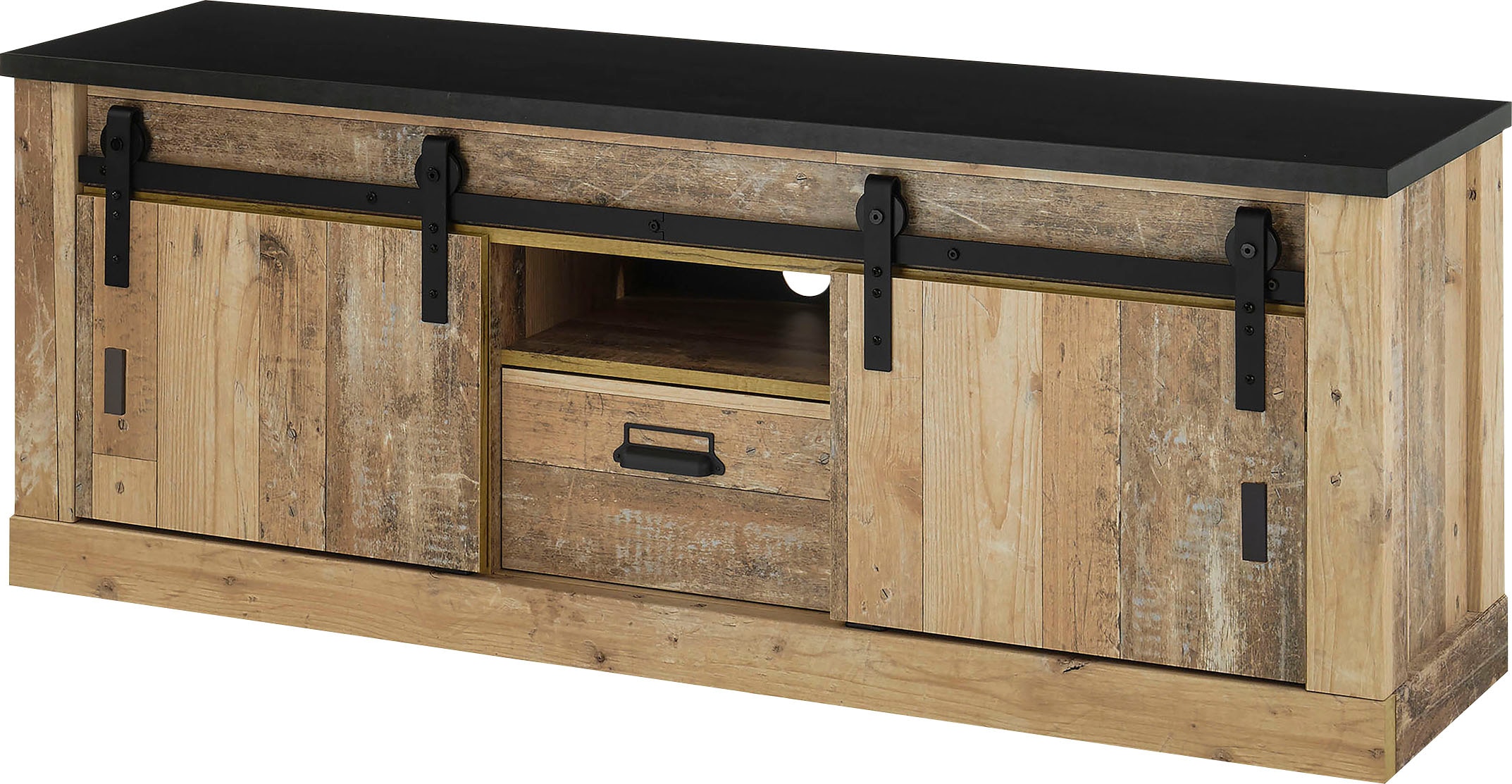 Home affaire Lowboard "Sherwood, TV-Unterteil im Industrial-Style, Kommode, TV-Schrank" Scheunentorbeschlag & Apothekergriff, in 2 Farben & Größen erhältlich
