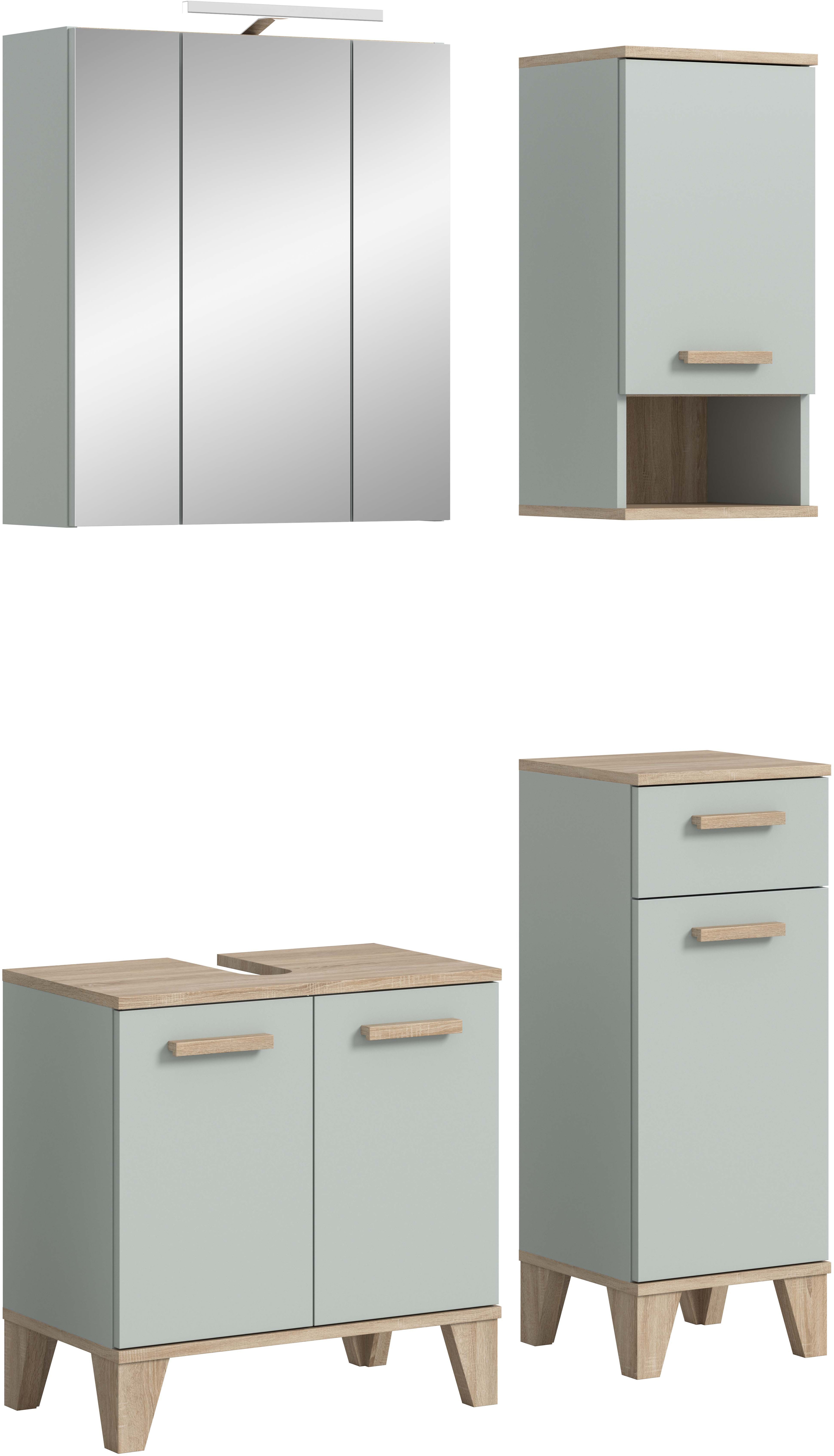 welltime Badmöbel-Set "MINTTU, 4-teilige moderne Badkombi im SCANDI-Look, inkl. Beleuchtung" bestehend aus: Midischrank, WBU, Spiegelschrank, Hängeschrank, 4 Stk. tlg.