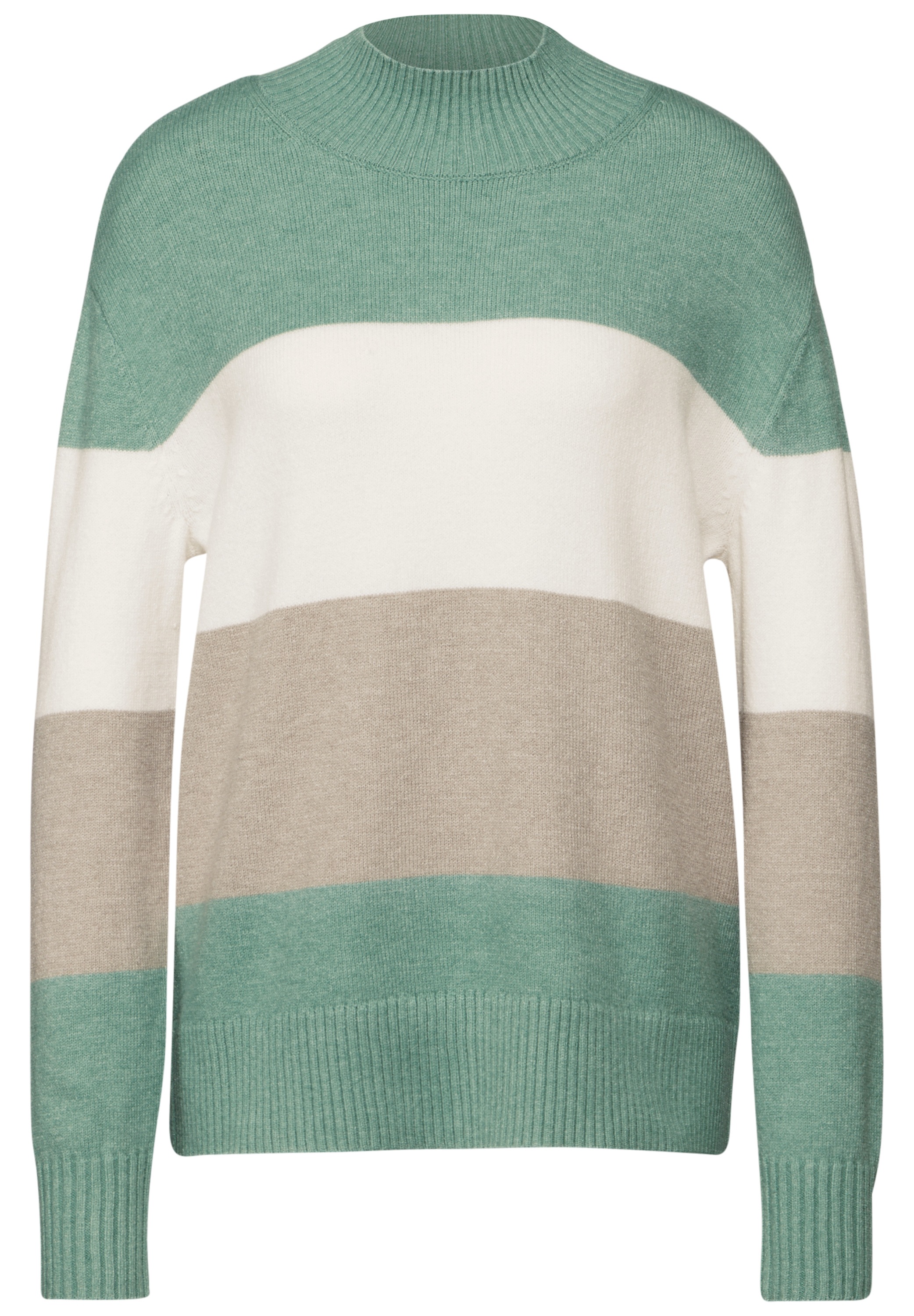 Strickpullover STREET ONE, Damen, Gr. 46, grün (sunlit grün meliert), Stoff, 30% Polyester, 29% Polyacryl, 21% Viskose, 20% Nylon, gestreift, gerade normal, hoch geschlossener Ausschnitt, Rippbündchen, Pullover Strickpullover, aus softem Materialmix 3