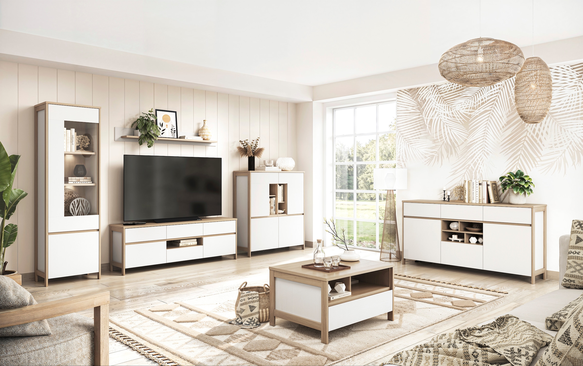 Home affaire Wohnwand »Stranda, moderne Anbauwand, Komplettset im Scandi-Style«, (4 St.), enthält Vitrine, Lowboard, Highboard und Wandboard, 364 cm breit