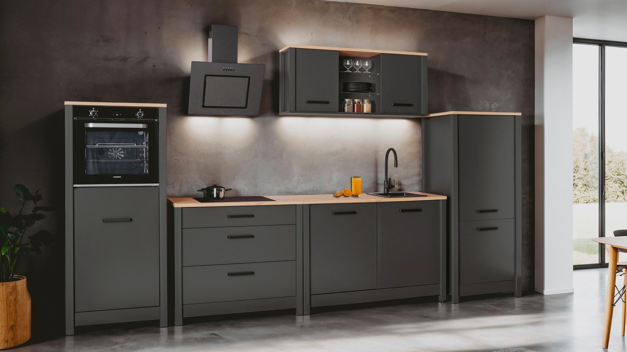 Inter Link Küchenzeile »Carbona, Einbauküche, Küchenblock, Küchenmodul, Kompaktküche« Ohne E-Geräte für Spülmaschine Kochfeld Backofen Kühlschrank B: 370 cm
