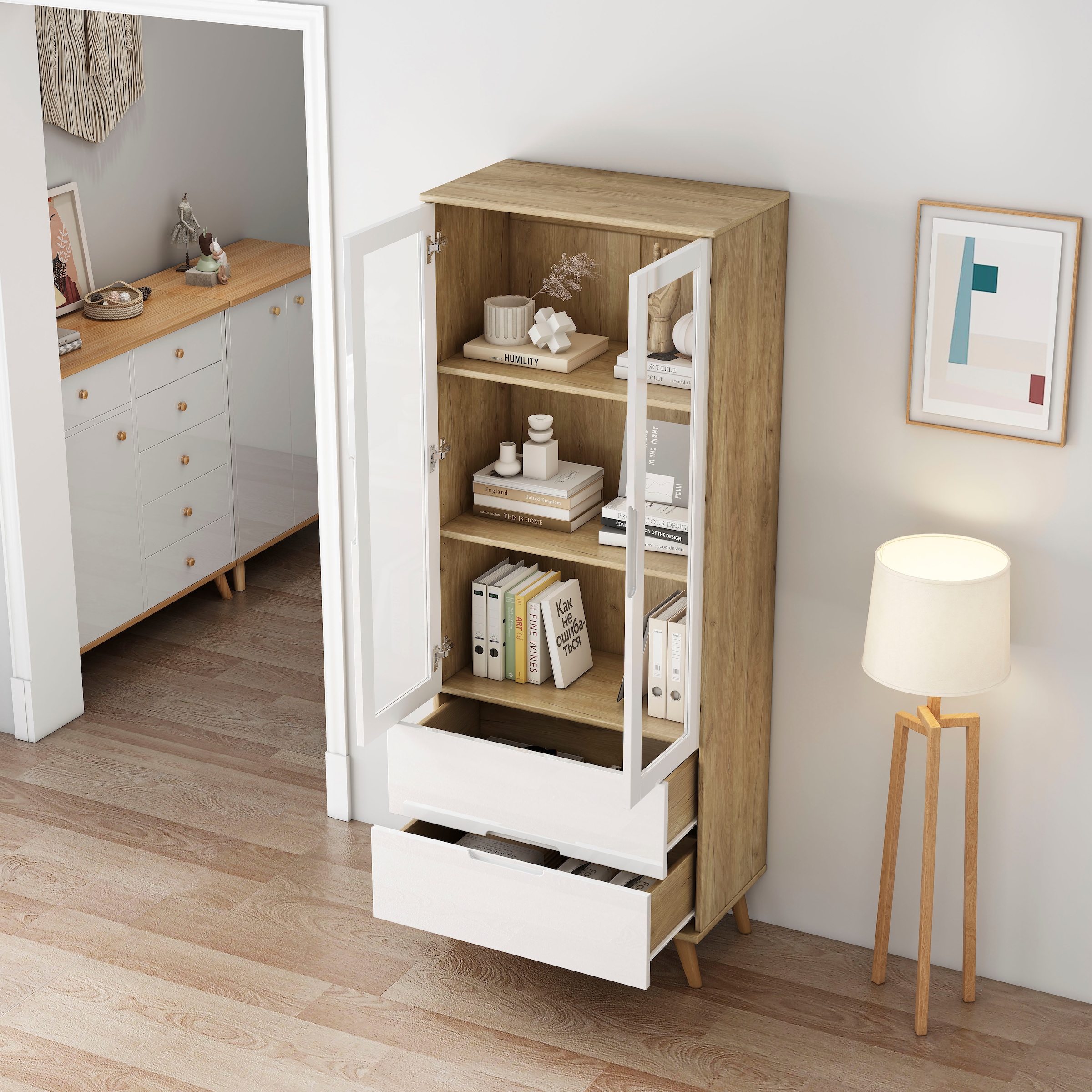 OTTO home Highboard »Lund« mit glänzenden Fronten, Glastüren, helles Holzdekor, Breite 70 cm