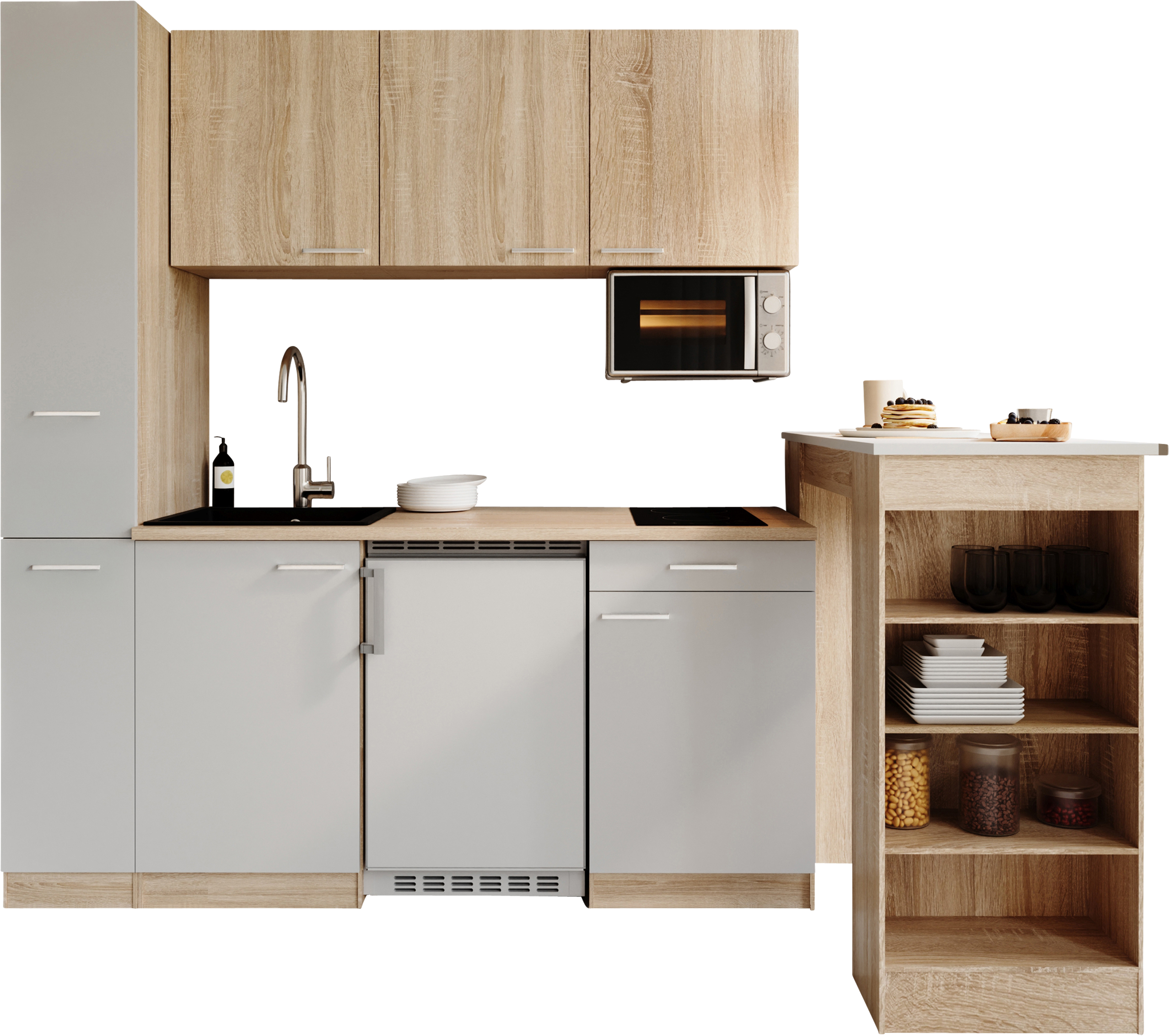 RESPEKTA Küchenzeile "Ingrid, inkl. Tresentisch und Mikrowelle" zerlegt, wahlweise mit Kühlschrank, Soft-Close-Funktion, Breite 180 cm