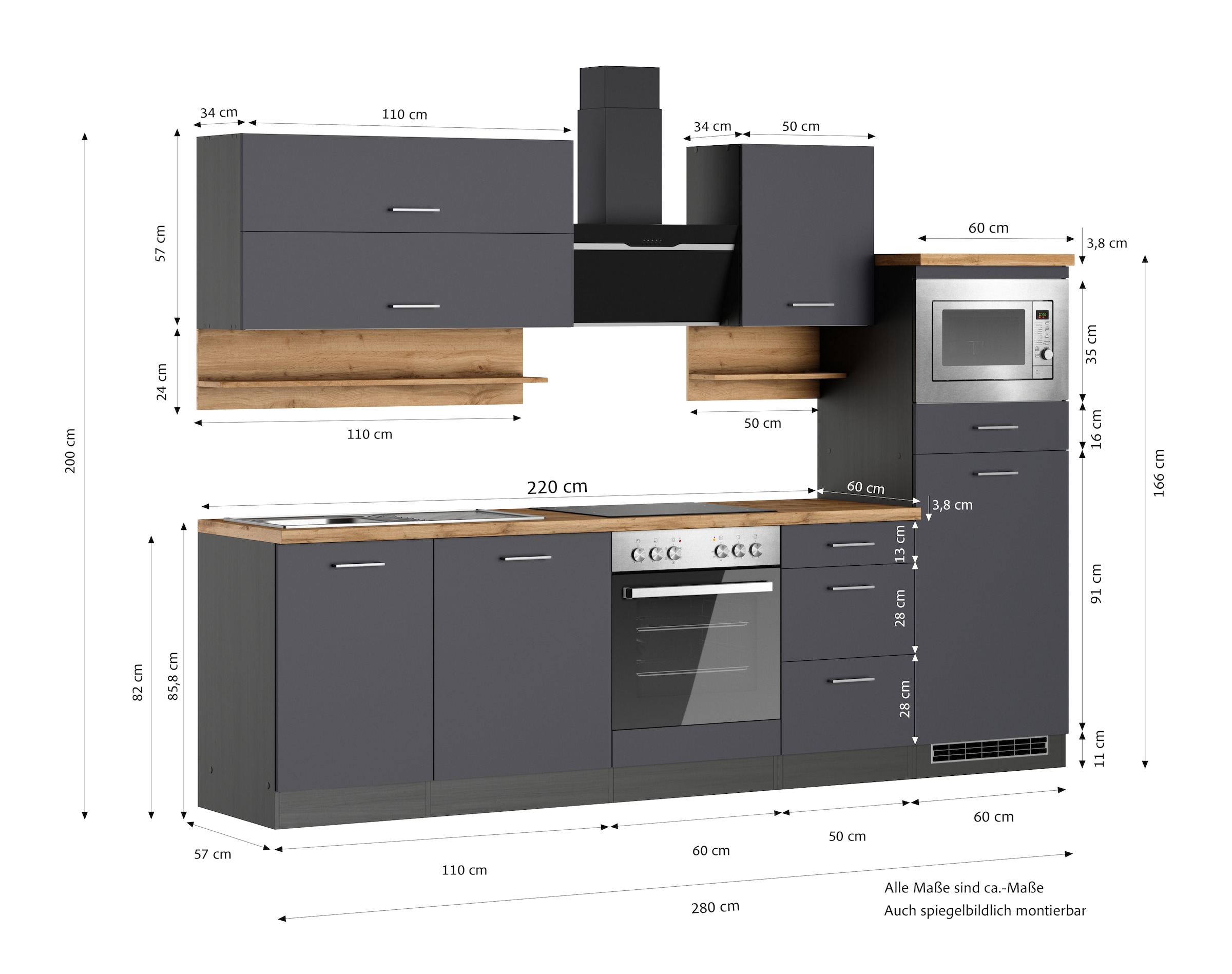 KOCHSTATION Küchenzeile »KS-Milan«, 280 cm breit, robuste Metallauszüge, viel Stauraum