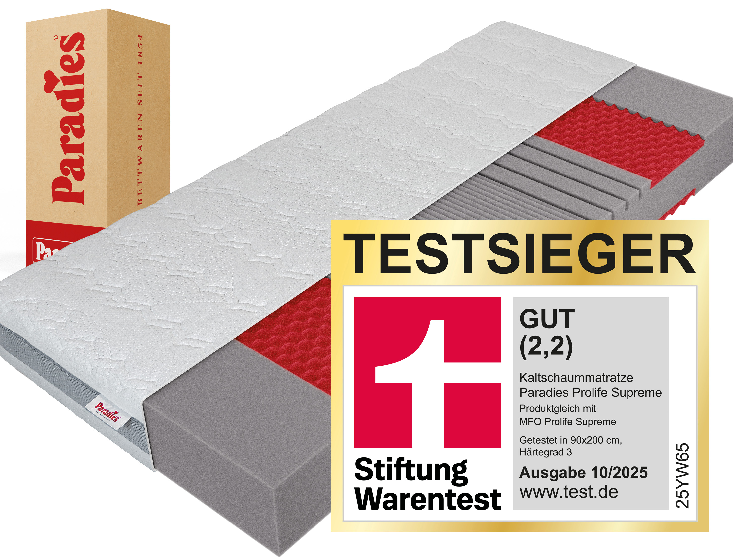 Paradies Kaltschaummatratze "Neuheit: Paradies Prolife Supreme, Testsieger Stiftung Warentest" 22 cm hoch Raumgewicht: 35 kg/m³ 1 Stk. tlg. Note GUT (2,2), getestet in 90x200 cm, Härtegrad 3