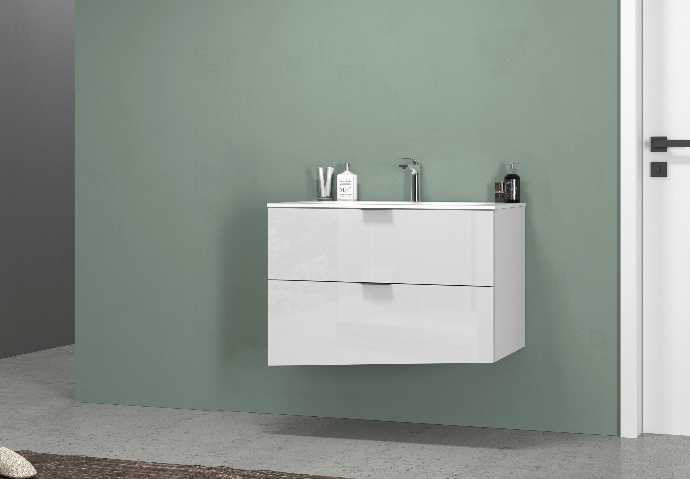 welltime Waschtisch »VELA, 82,3 cm breit, Hochglanz-Schubladen, Made in Italy« 1 Stk. tlg. Waschtischunterschrank, inkl. Waschbecken, schräge Design-Schublade