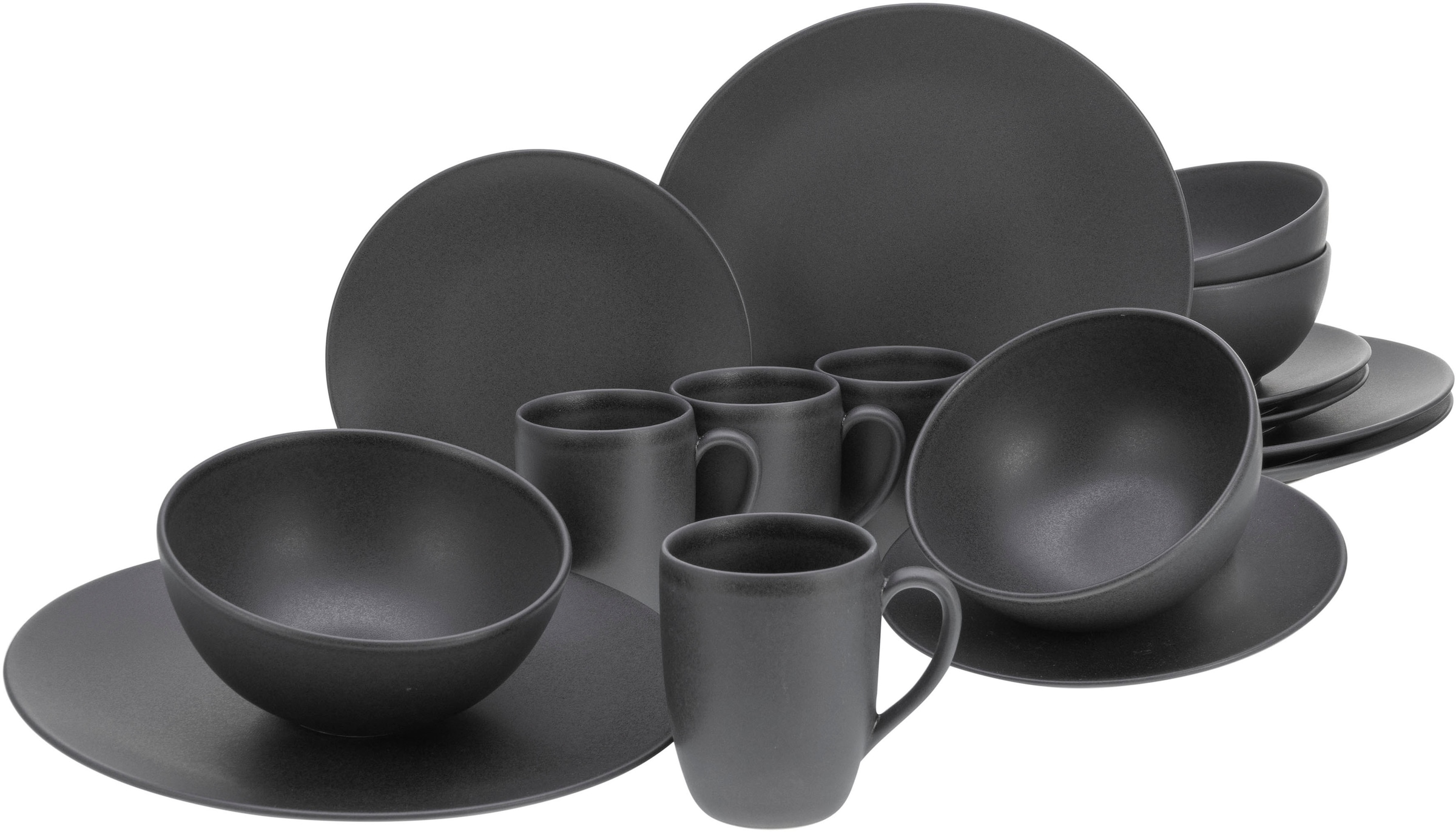 Glasur, schwarz, CreaTable BAUR Tafelservice Teile, im 16 »Geschirr-Set Kombiservice | für Kaffeeservice Touch seidenmatte 4 tlg., für 16 4 Set, (Set, Soft Personen Black«, Service, und Personen),