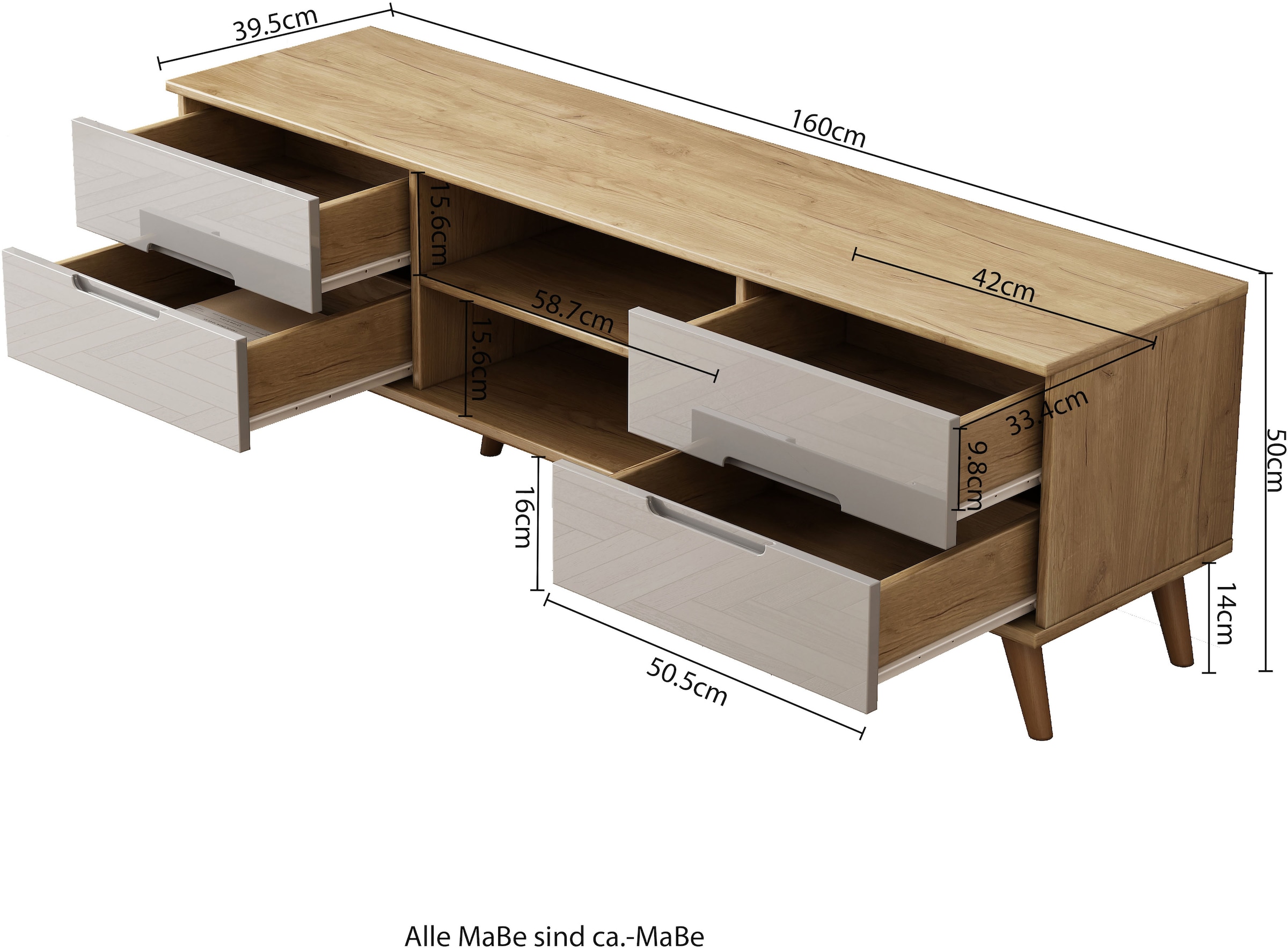 OTTO home TV-Board »Lund« glänzende Fronten, Kabeldurchführung, helles Holzdekor, Breite 160 cm