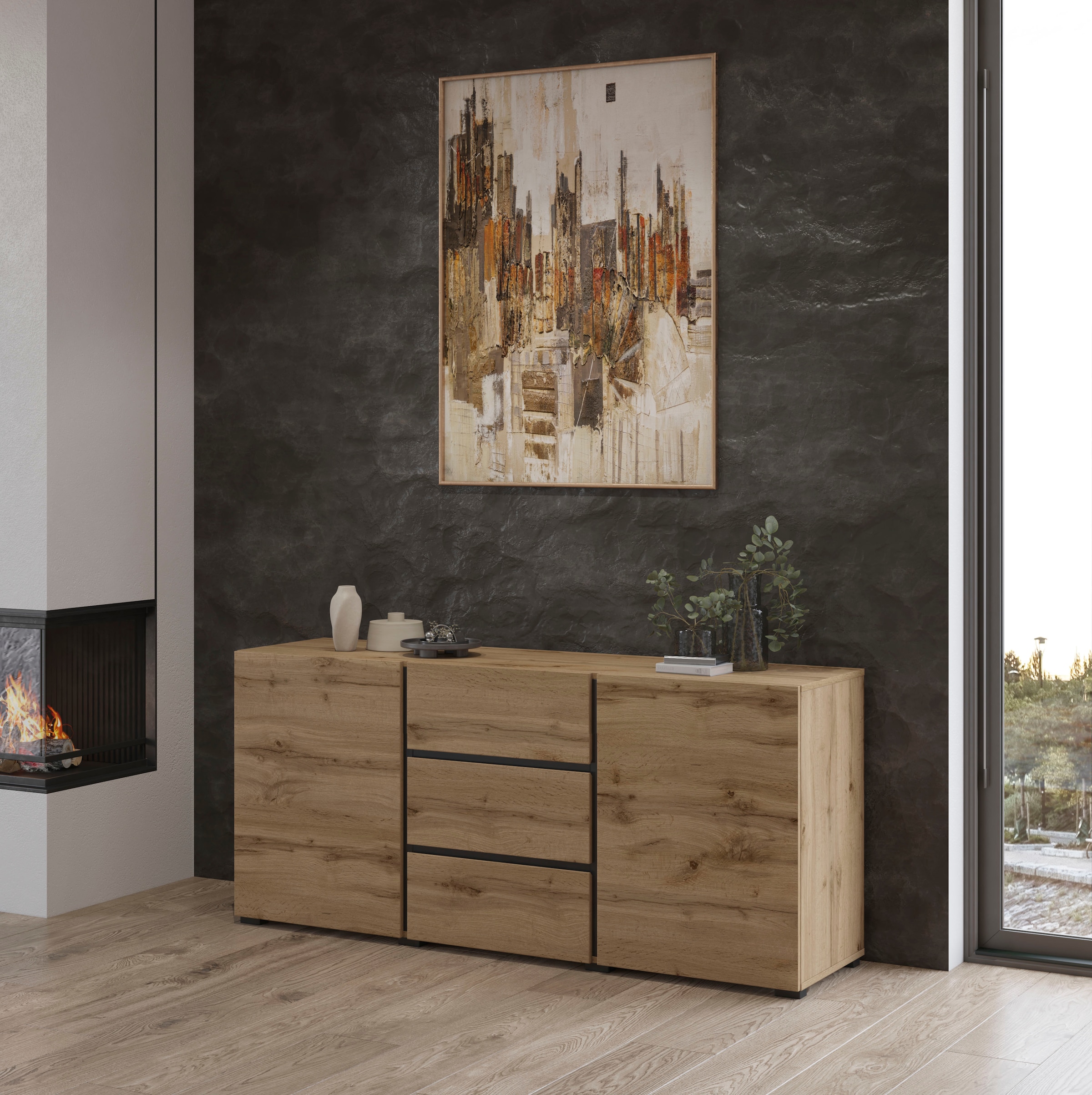 OTTO home Sideboard »Cross, Breite 150 cm, moderne grifflose Kommode, 2Türen/3 Schubkästen« Schubladenkommode mit viel Stauraum, Einlegeböden verstellbar