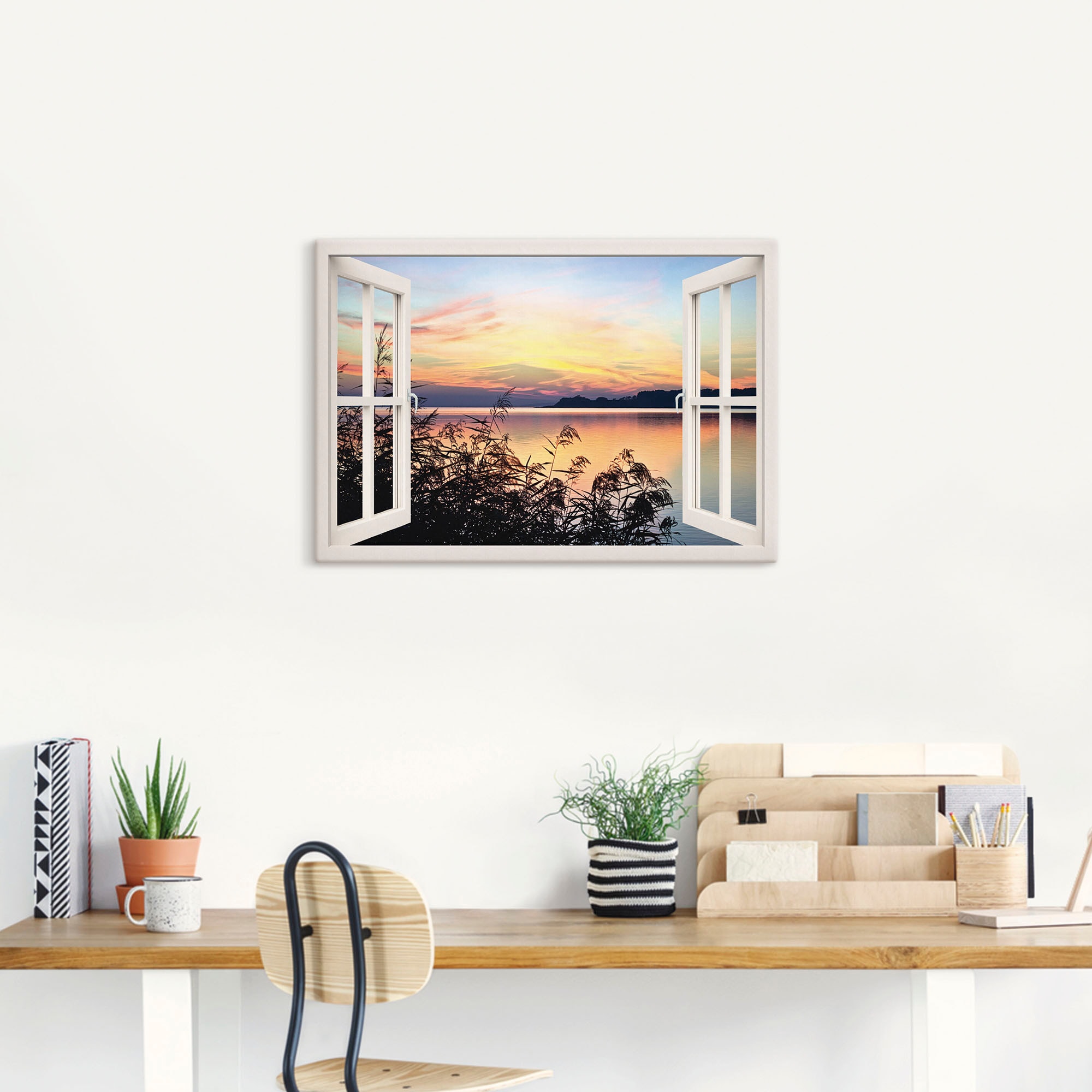 Artland Leinwandbild »Fensterblick - Abendrot im Schilf, weiß«, Fensterblick, (1 St.), auf Keilrahmen gespannt