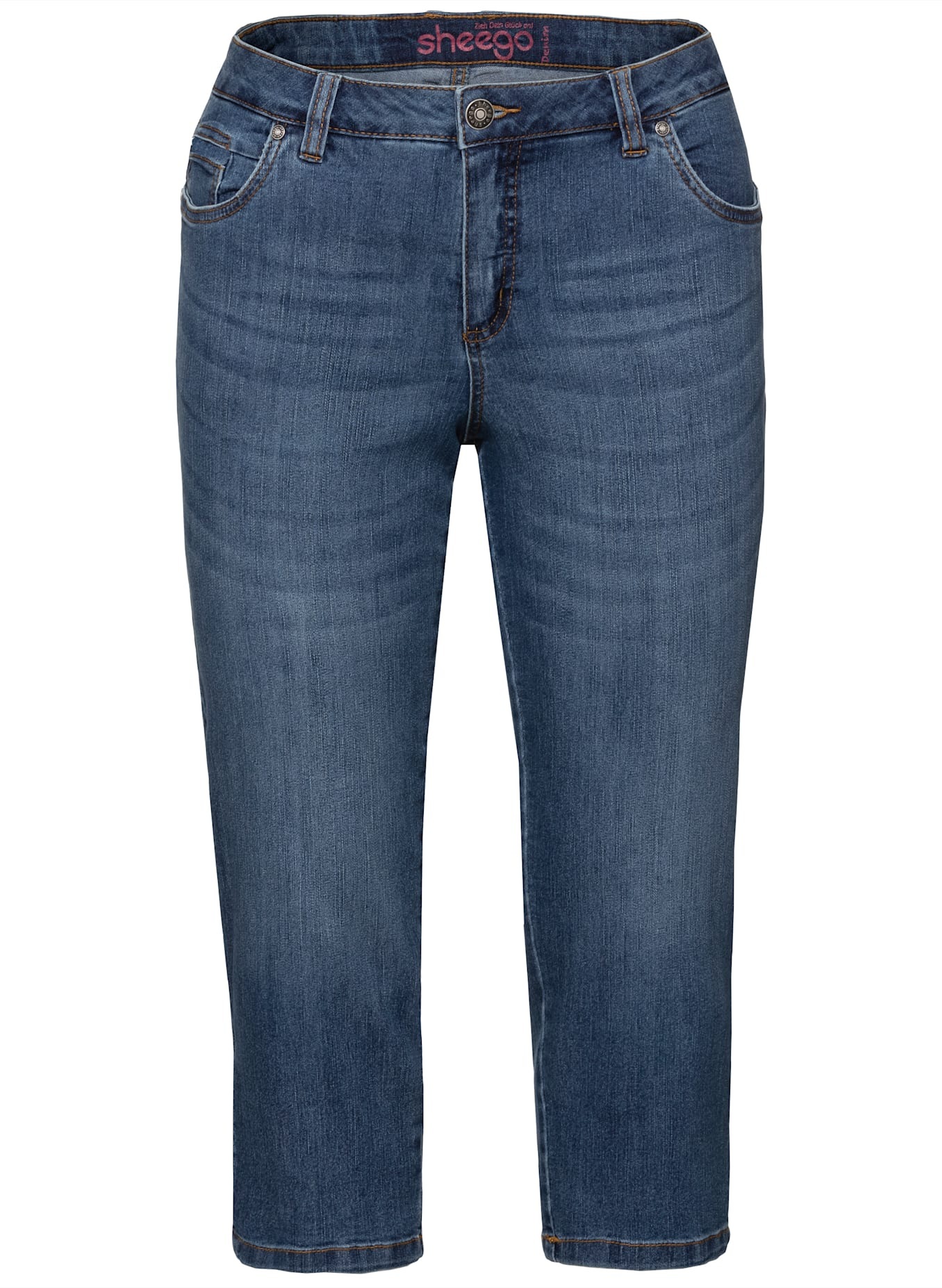 5-Pocket-Jeans SHEEGO, Damen, Gr. 40, Normalgrößen, blau (blau denim), 75% Baumwolle, 24% Polyester, 1% Elasthan, unifarben, 3/4-Länge, Jeans 5-Pocket-Jeans 3