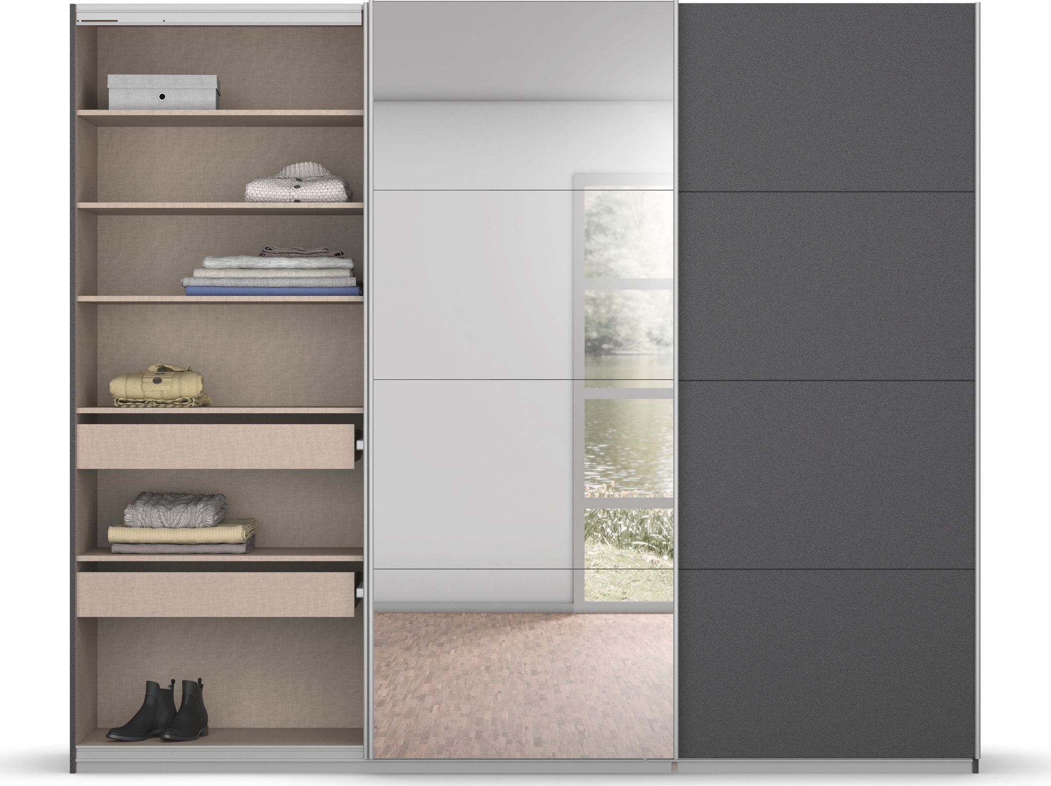 rauch Schwebetürenschrank »Kleiderschrank Schrank Garderobe KOLUNA mit Glastüren und Spiegel«, inkl. 2 Innenschubladen sowie extra Einlegeböden MADE IN GERMANY