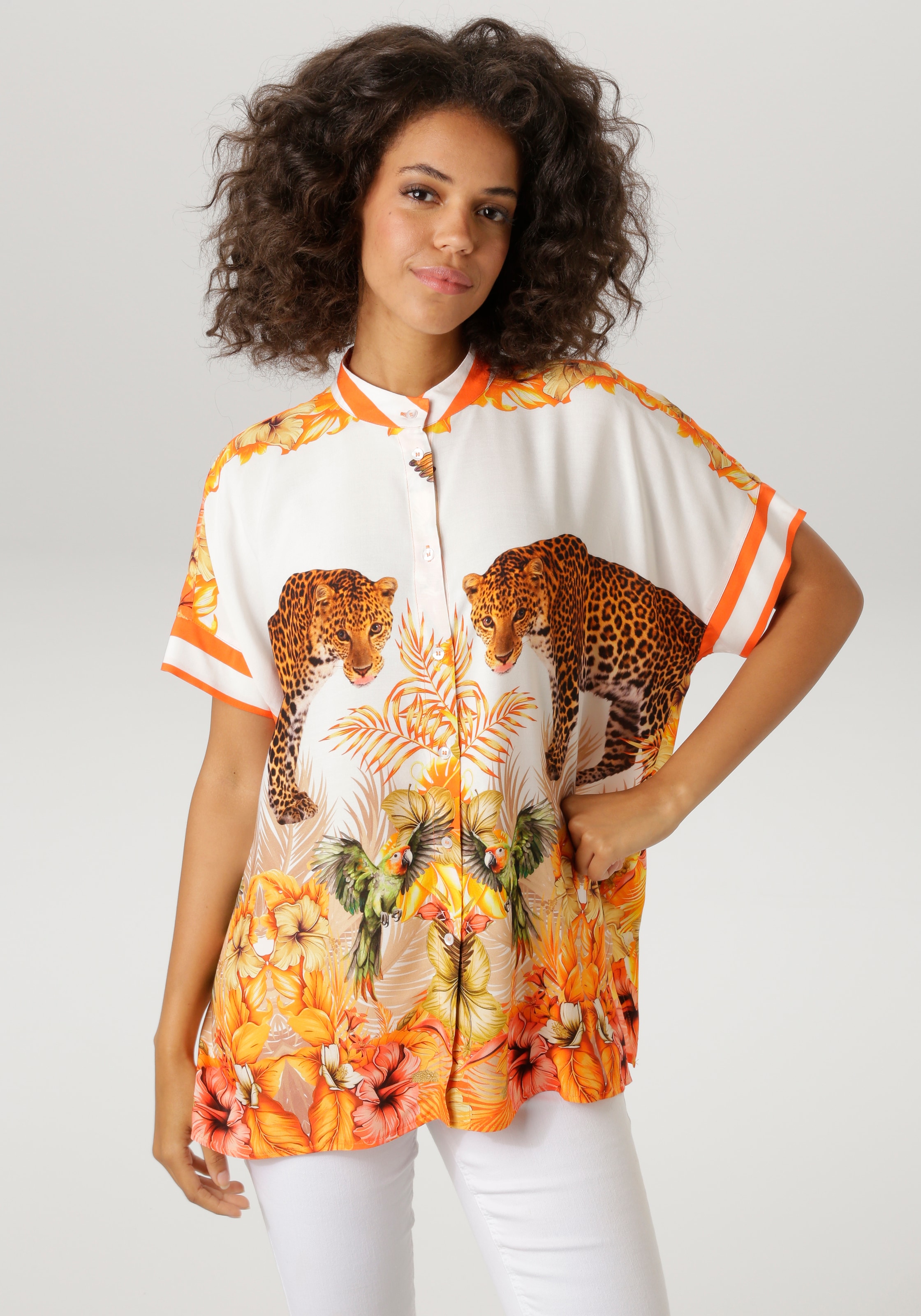 Aniston CASUAL Kurzarmbluse mit Leoparden, tropischen Vögeln, Blüten + Blät günstig online kaufen
