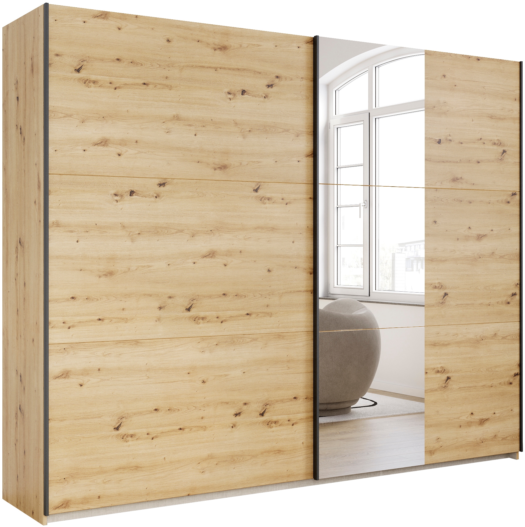 rauch Schwebetürenschrank "Kleiderschrank Drehtürenschrank Schrank Garderobe KRONACH" in 3 Ausstattungen BASIC/CLASSIC/PREMIUM, Breiten 131/175/218/261 cm, optional ohne, mit 1 oder 2 Spiegel, viel Stauraum MADE IN GERMANY
