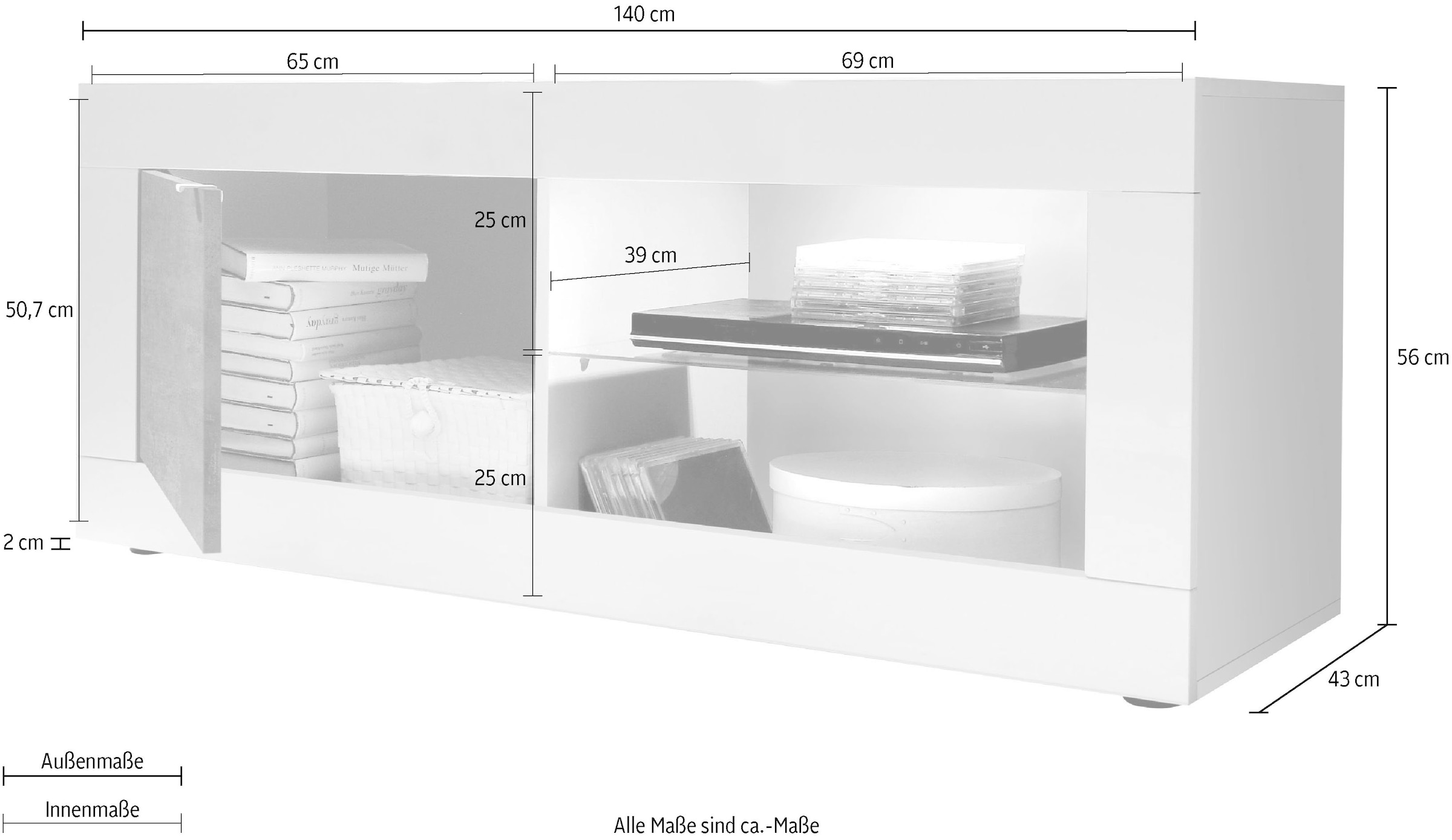 INOSIGN Lowboard »Basic Breite 140 cm, TV-Board 1 Tür, 2 offene Fächer (Glasboden),«, TV-Kommode, Metallgriff, moderne Rahmenoptik, Farbauswahl