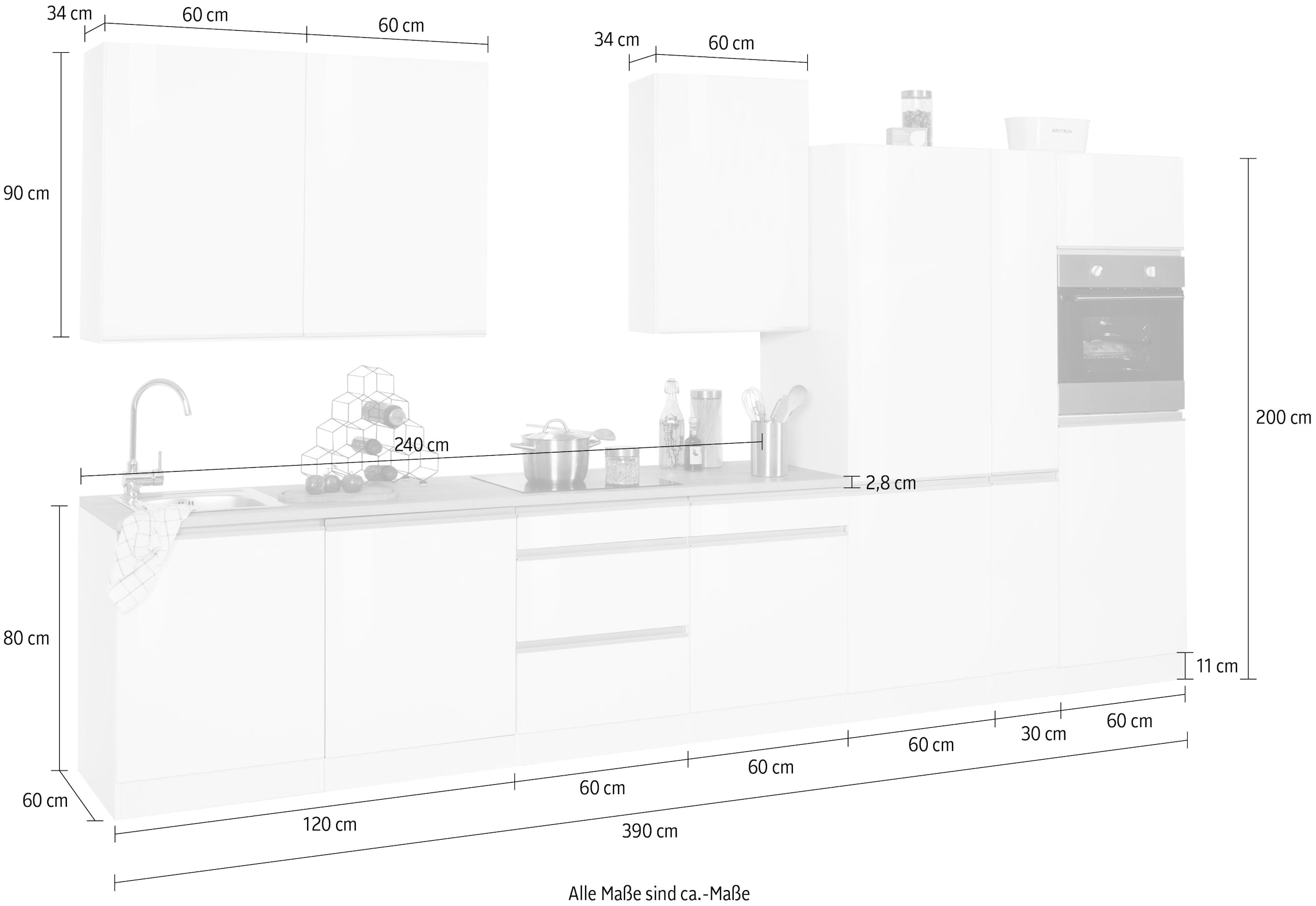 HELD MÖBEL Küchenzeile »Ohio«, ohne E-Geräte, Breite 390 cm